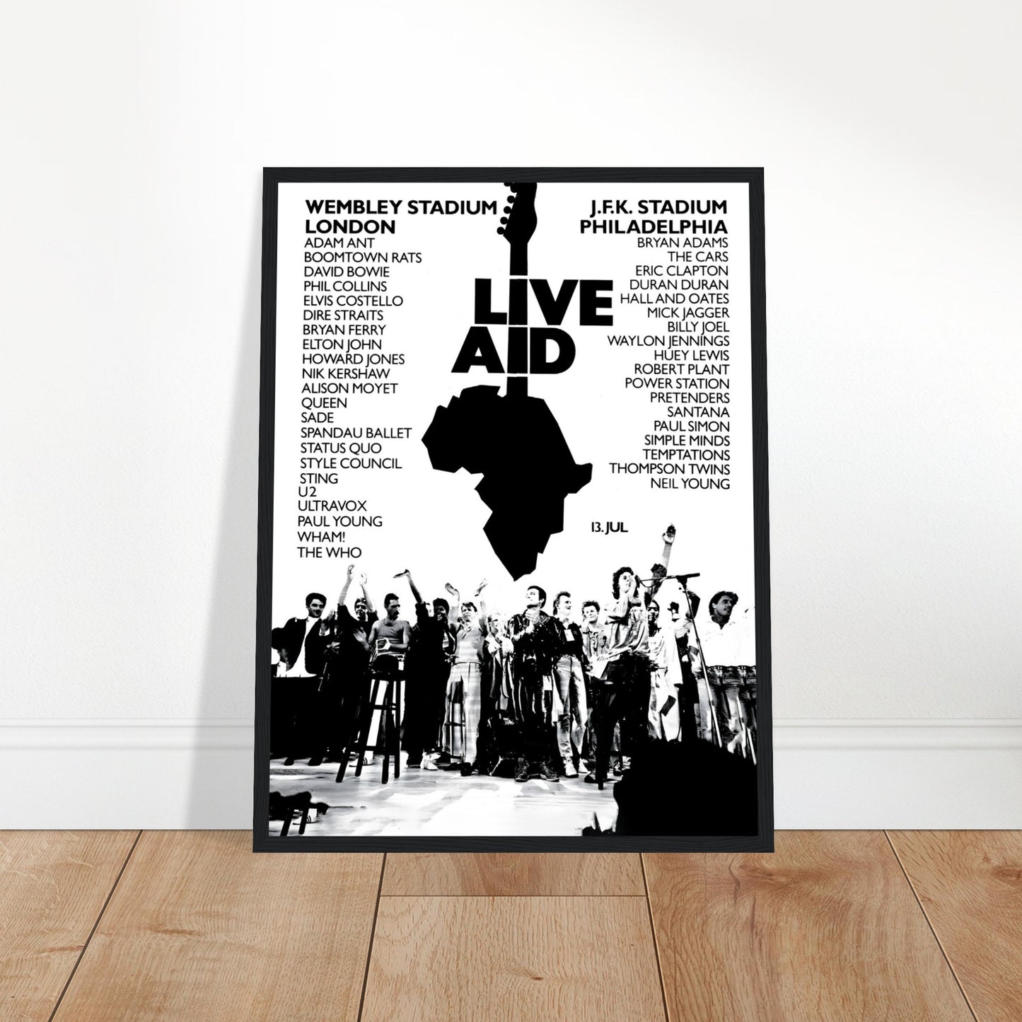 Relive the magic of Live Aid 1985, the legendary charity concert that brought together over 75 iconic acts, including Queen, U2, Madonna, Elton John, and more, to raise funds for famine relief. This vintage concert poster captures the essence of the historic event, showcasing the united power of music for a noble cause. A must-have for fans of 80s rock, music history enthusiasts, and collectors of iconic concert memorabilia. Whether displayed in a music room, living space, or office, this Live Aid 1985 post