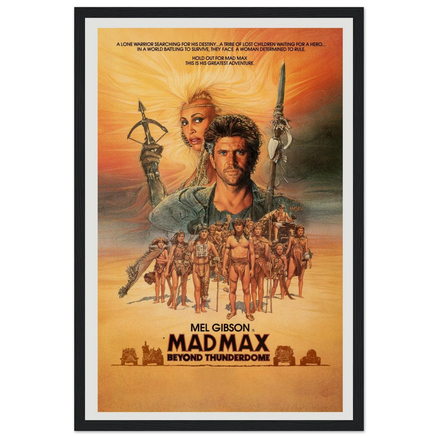 Step into the post-apocalyptic world of Mad Max: Beyond Thunderdome with this vintage-style movie poster from the cult 1985 classic starring Mel Gibson and Tina Turner. Featuring dramatic key art, gritty 80s design, and the unforgettable look of a world gone mad, this poster is a must-have for fans of sci-fi cinema, dystopian aesthetics, and retro action films. Whether you're decking out a media room, game den, or film-lover’s wall, this high-quality reproduction brings the thrill and chaos of Thunderdome t