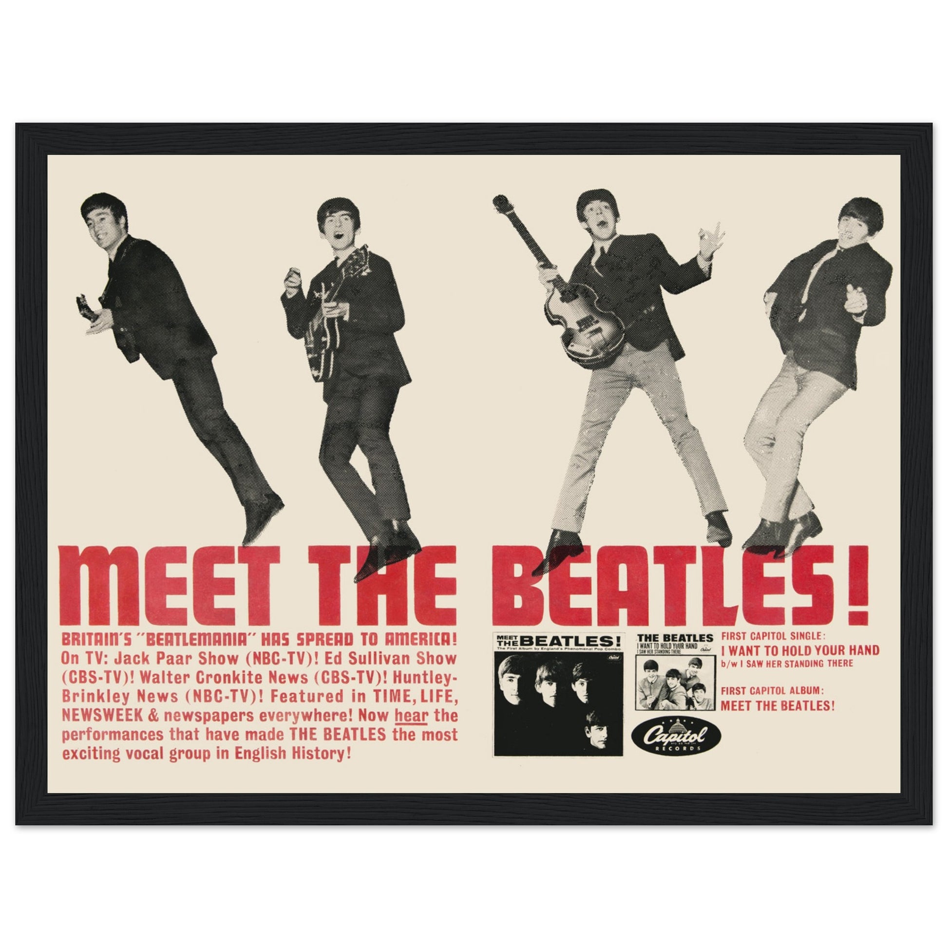 Own a piece of music history with this Meet The Beatles poster, inspired by the legendary Fab Four’s first U.S. album. Featuring an iconic black-and-white portrait of John, Paul, George, and Ringo, this vintage rock print is perfect for classic rock fans, collectors, and Beatles memorabilia enthusiasts. Whether you're decorating a music room, office, or home, this The Beatles wall art adds a timeless touch of rock nostalgia to any space.