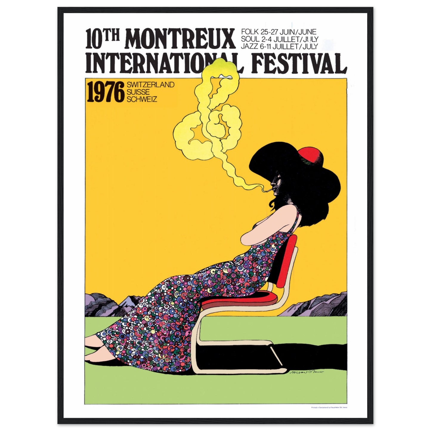 Retro Montreux Festival wall art poster with vibrant yellow background and stylish 70s illustration — collectible print.