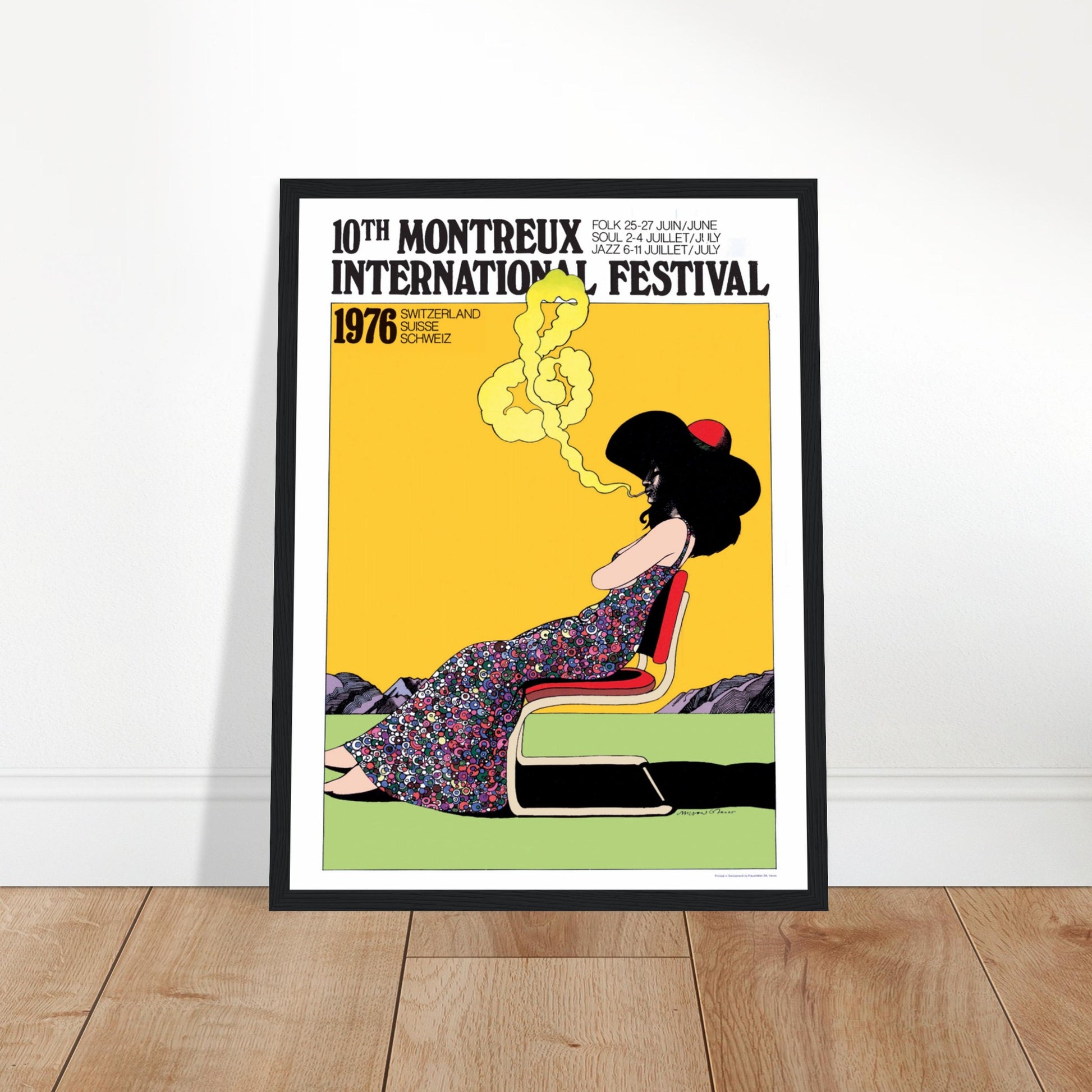 Vintage Montreux Jazz Festival 1976 poster featuring retro pop art illustration from Switzerland’s iconic music event.