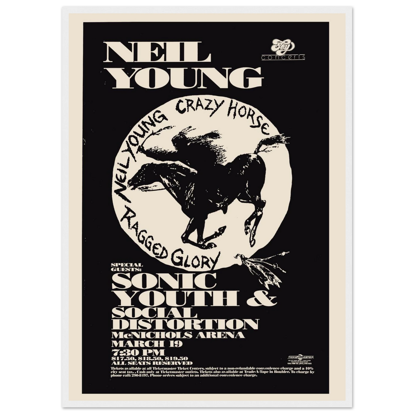 Classic rock poster featuring Neil Young in concert, a high-quality reproduction with vintage design and nostalgic appeal for collectors.