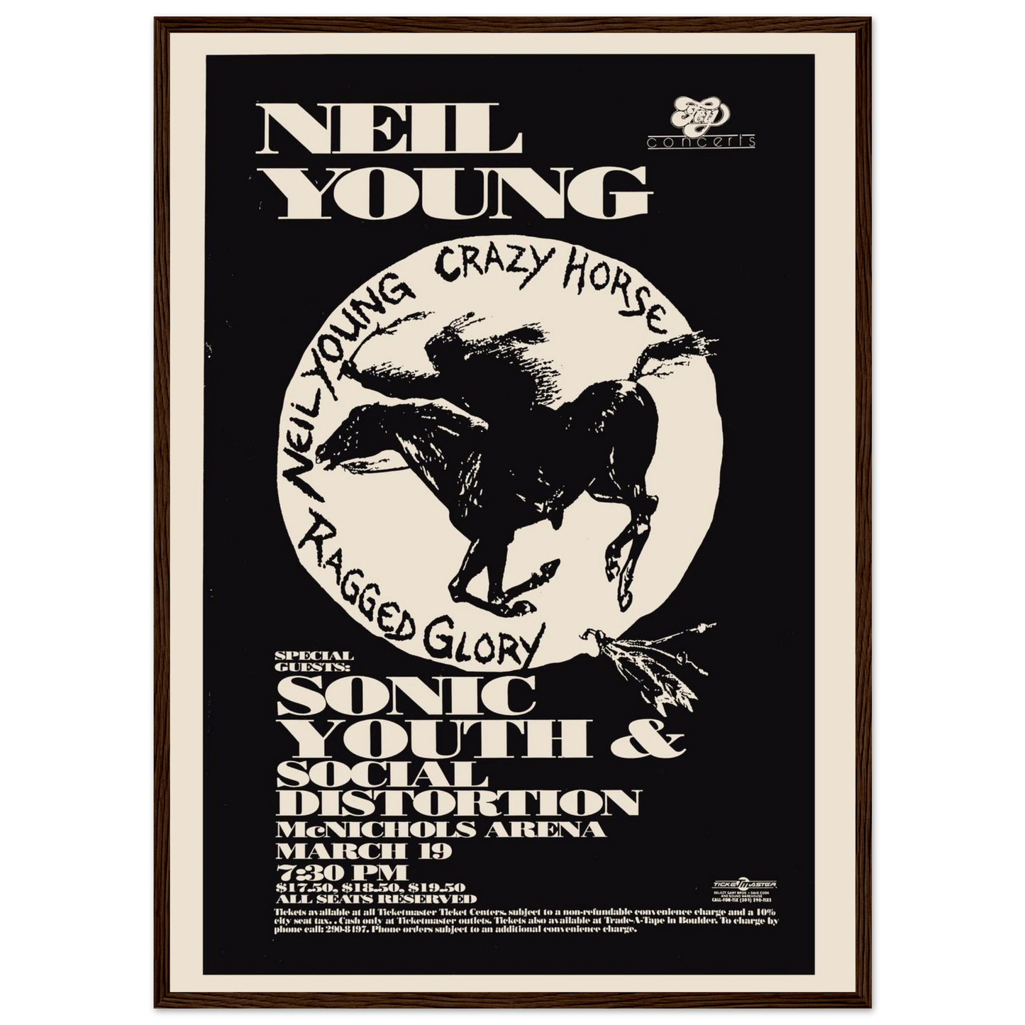 Folk-rock wall art print of Neil Young, celebrating his legendary live performances and authentic 1970s concert poster aesthetic.