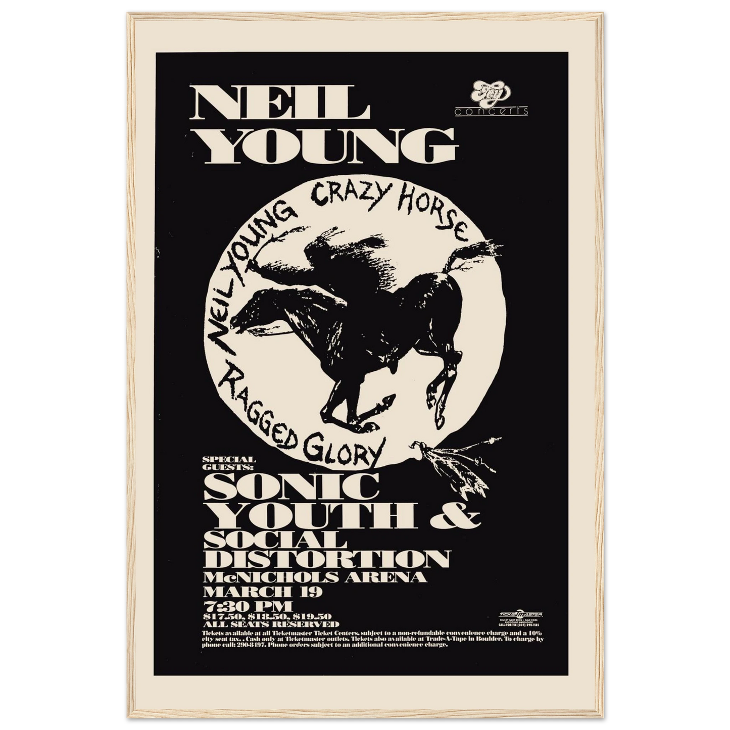 Reproduction of a vintage Neil Young live tour poster, ideal wall art for music lovers and collectors of classic concert memorabilia.