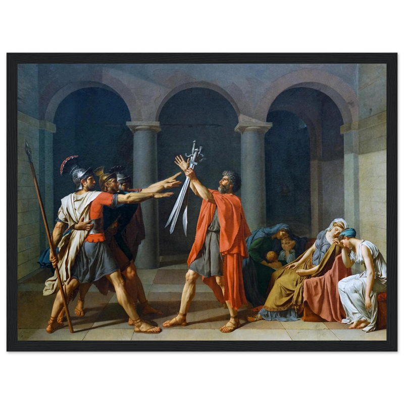 This high-quality reproduction print of Oath of the Horatii (1784) by Jacques-Louis David is a masterpiece of Neoclassical art and a symbol of patriotism and duty. The painting depicts three brothers swearing loyalty to Rome before their father, captured with David’s signature clarity of form, dramatic lighting, and powerful composition. Printed on archival-grade paper using museum-quality giclée printing, this poster print makes a striking piece of wall art for classic interiors, history lovers, or anyone