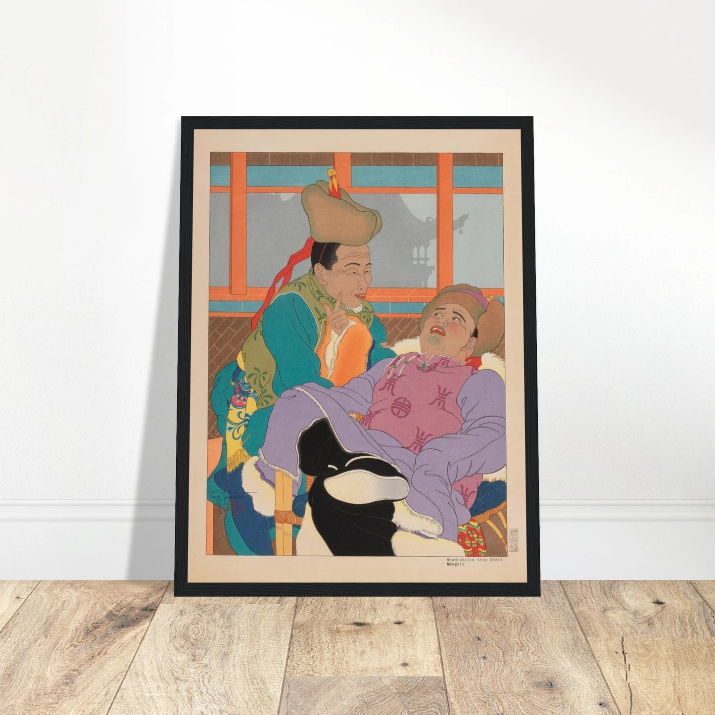 This high-quality reproduction of A Very Funny Story, Mongolians (Une Histoire Très Drôle, 1949) brings to life the refined work of French woodblock artist Paul Jacoulet (1902–1960). Known for his detailed portrayals of East Asian cultures, Jacoulet’s art blends Japanese ukiyo-e technique with European sensitivity. This print features his distinctive red ink seal, watermark with initials and kanji, and includes the original carver Maeda Kentarō and printer Honda Tetsunosuke’s seals—faithfully reproduced for