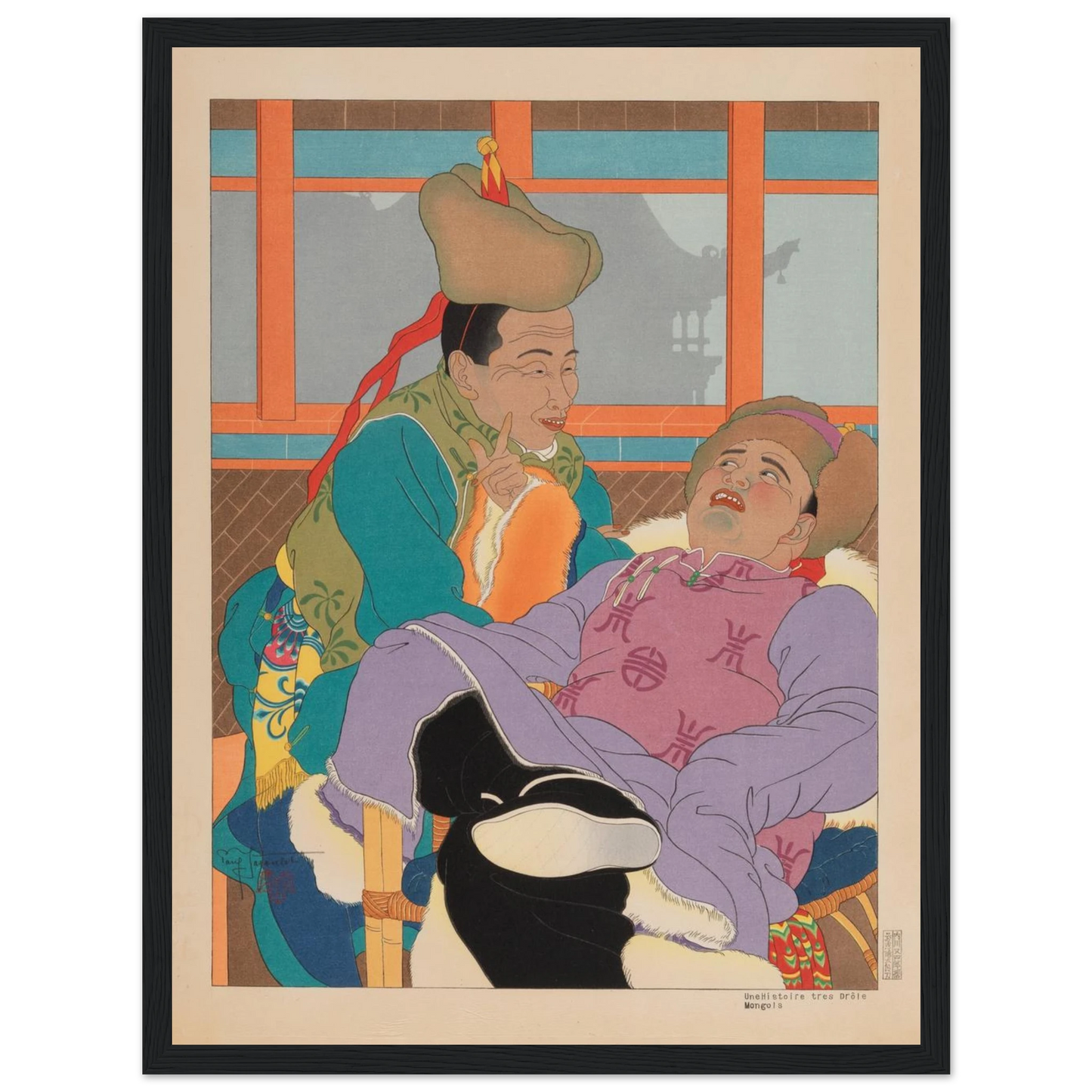This high-quality reproduction of A Very Funny Story, Mongolians (Une Histoire Très Drôle, 1949) brings to life the refined work of French woodblock artist Paul Jacoulet (1902–1960). Known for his detailed portrayals of East Asian cultures, Jacoulet’s art blends Japanese ukiyo-e technique with European sensitivity. This print features his distinctive red ink seal, watermark with initials and kanji, and includes the original carver Maeda Kentarō and printer Honda Tetsunosuke’s seals—faithfully reproduced for