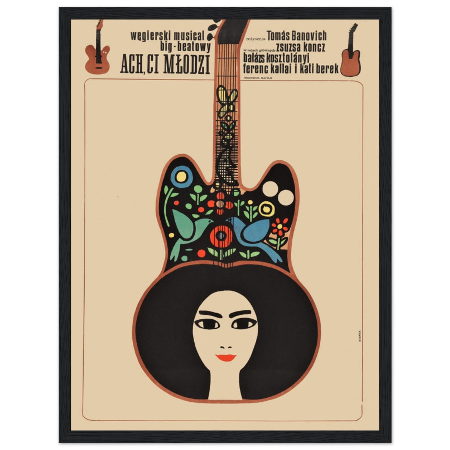 Stunning Polish folk festival poster featuring a guitar and vibrant folk art. Perfect for music lovers, collectors, and cultural event decor.