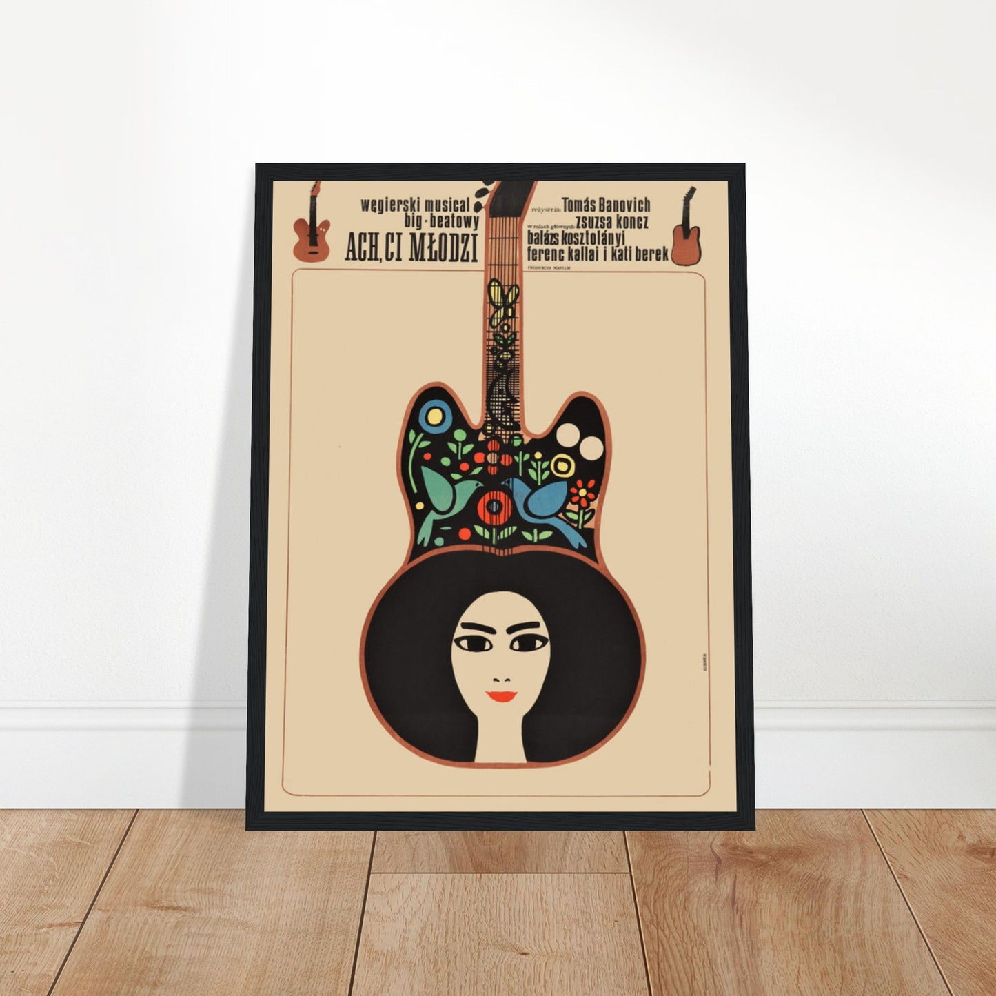 Stunning Polish folk festival poster featuring a guitar and vibrant folk art. Perfect for music lovers, collectors, and cultural event decor.