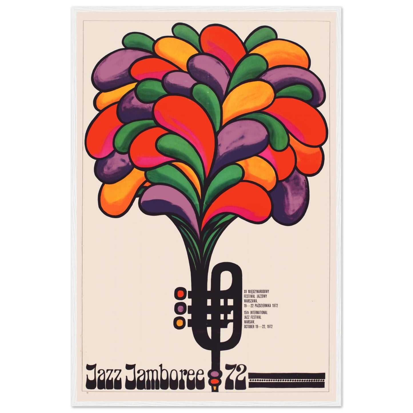 Polish jazz festival art print from 1972 with vibrant psychedelic shapes and mid-century modern graphic design style.
