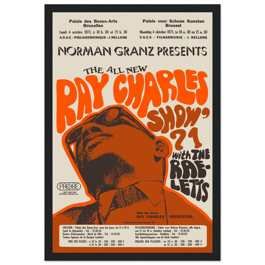 Celebrate the incredible legacy of Ray Charles with this vintage concert poster from his unforgettable Brussels performance. Featuring classic artwork, this high-quality print is perfect for soul music lovers, collectors, and fans of iconic live performances. Whether displayed in a music room, living space, or office, this Ray Charles poster adds timeless charm and musical history to any wall. Order today and own a piece of music greatness!