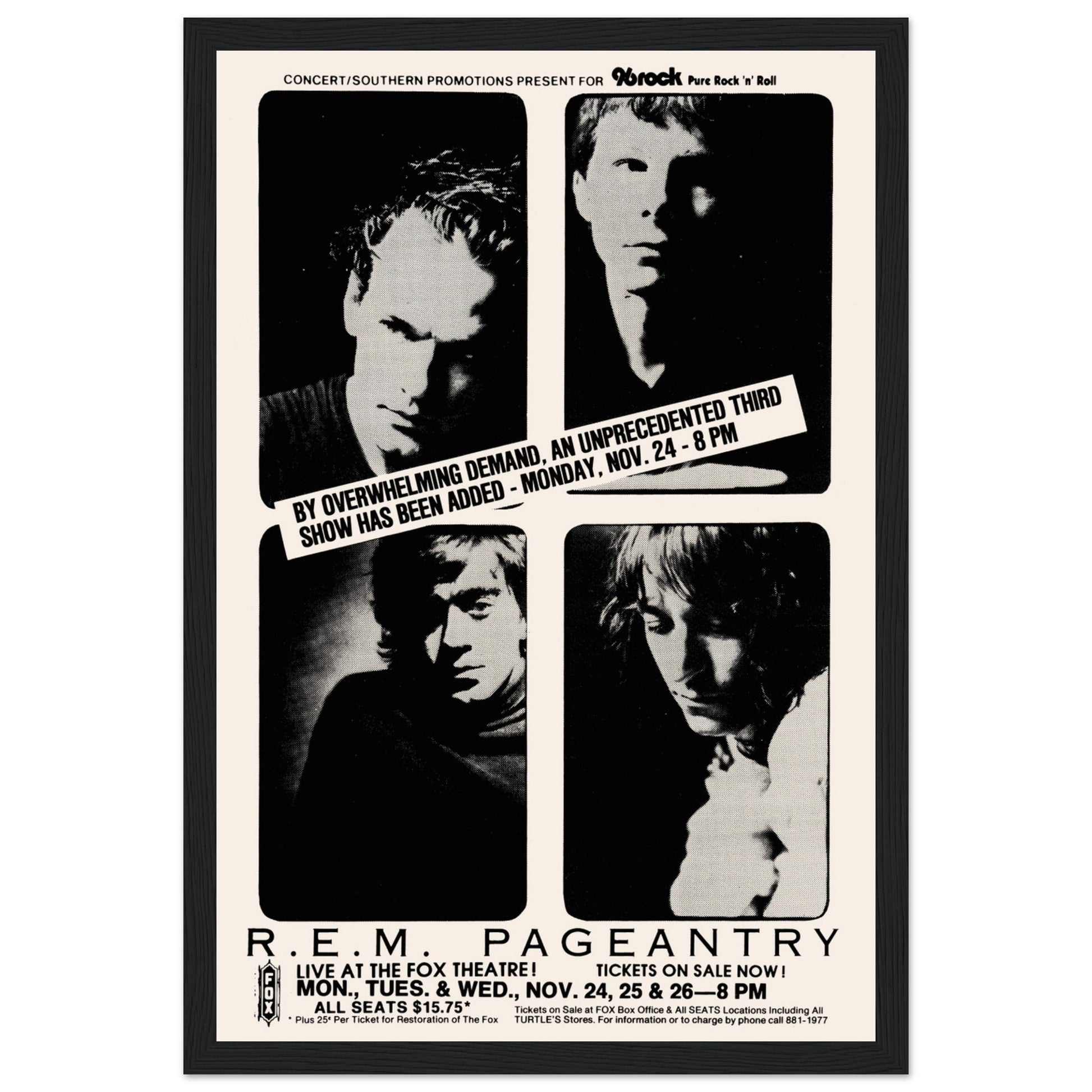 Relive the magic of R.E.M.’s Pageantry Tour (1986) with this authentic vintage concert poster. Featuring bold alternative rock aesthetics, this R.E.M. tour print is a perfect addition to any music lover’s collection, retro rock decor, or memorabilia display. Whether you're a fan of Michael Stipe’s poetic lyrics, the band's jangly guitar sound, or '80s rock nostalgia, this R.E.M. poster is a timeless tribute to an iconic era in alternative music.