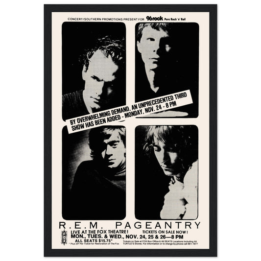 Relive the magic of R.E.M.’s Pageantry Tour (1986) with this authentic vintage concert poster. Featuring bold alternative rock aesthetics, this R.E.M. tour print is a perfect addition to any music lover’s collection, retro rock decor, or memorabilia display. Whether you're a fan of Michael Stipe’s poetic lyrics, the band's jangly guitar sound, or '80s rock nostalgia, this R.E.M. poster is a timeless tribute to an iconic era in alternative music.