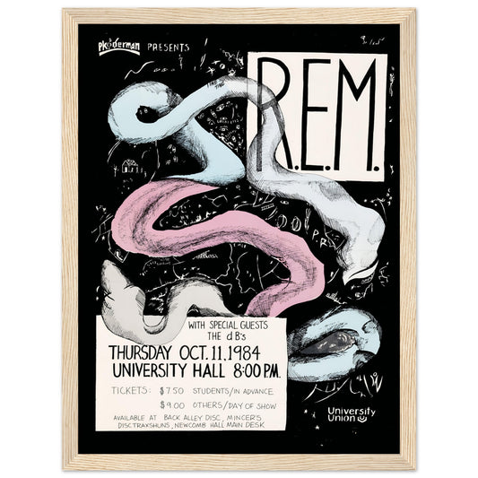 Iconic R.E.M. vintage concert poster, celebrating the legendary alternative rock band’s historic performances. Perfect for collectors & music lovers. Shop now!