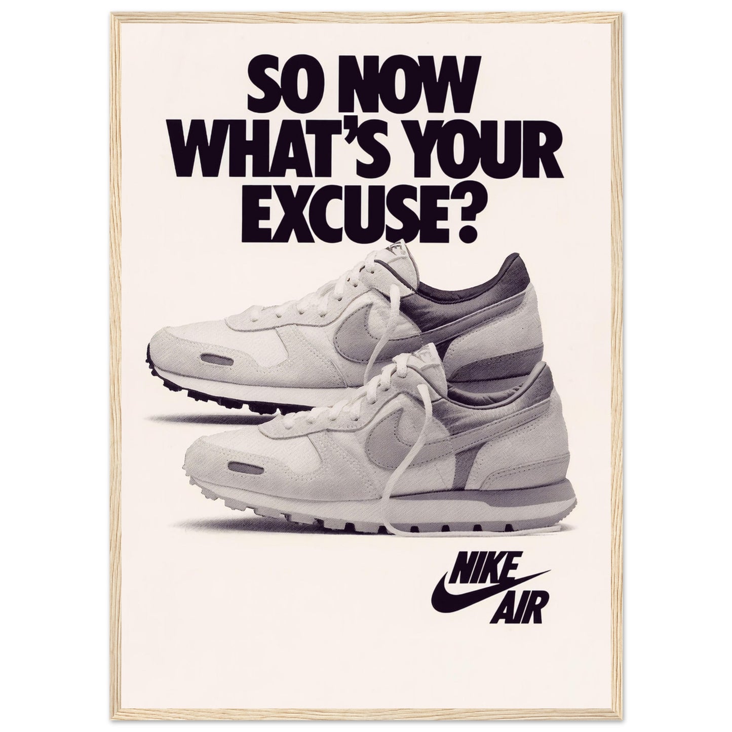 Retro Nike sports advertising poster showcasing vintage Air sneakers and minimalist 80s-style typography — perfect wall decor.