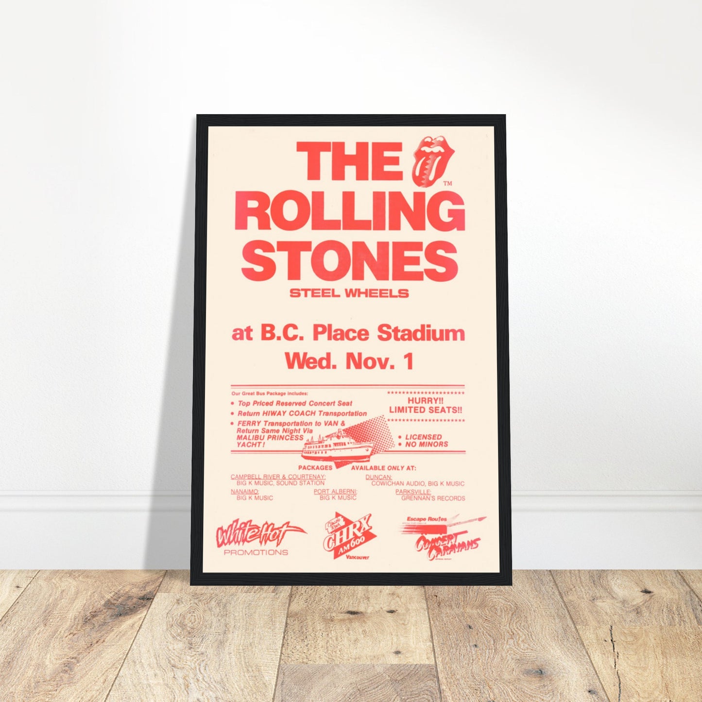 Vintage Rolling Stones Steel Wheels 1989 concert poster from B.C. Place Stadium — classic rock memorabilia print.