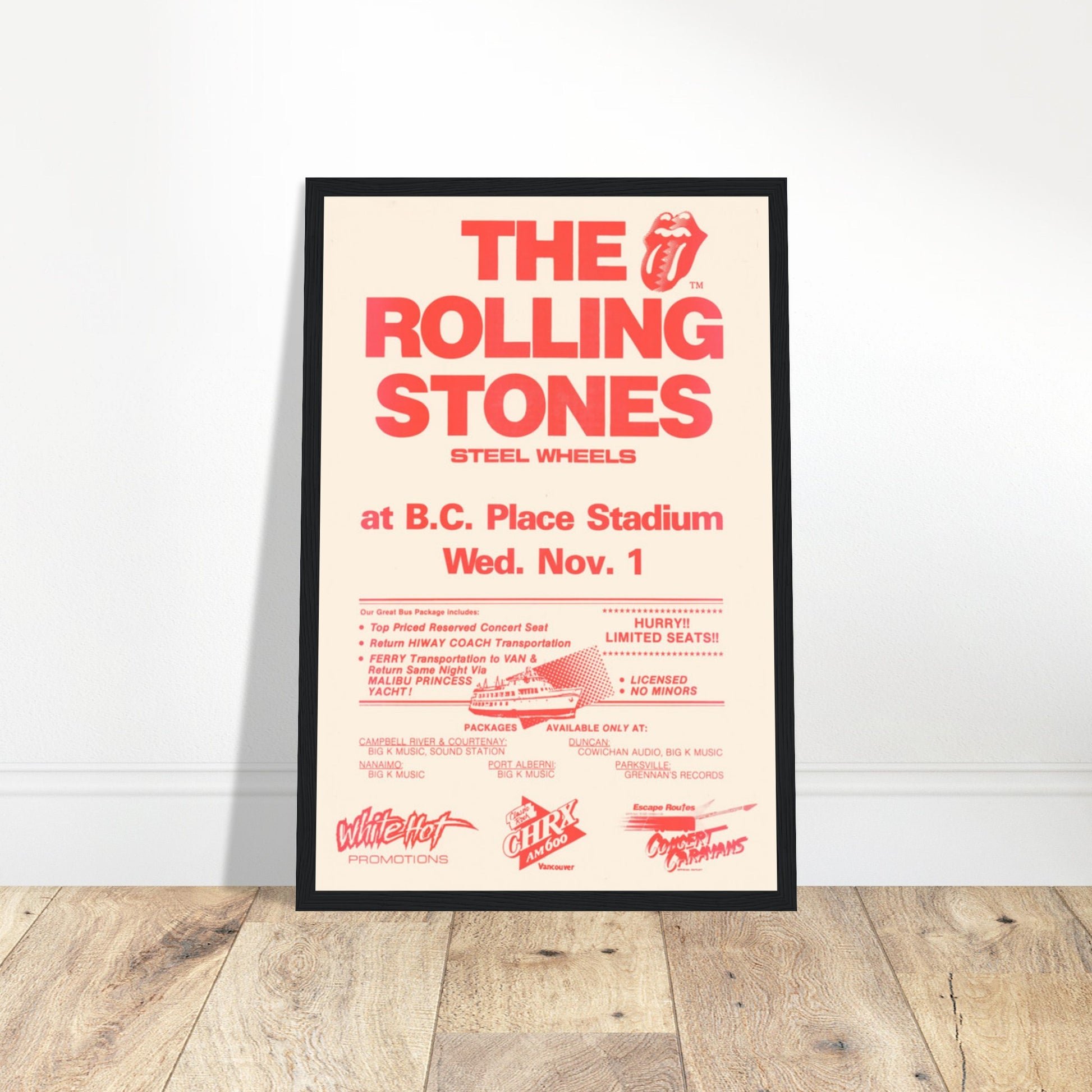 Vintage Rolling Stones Steel Wheels 1989 concert poster from B.C. Place Stadium — classic rock memorabilia print.