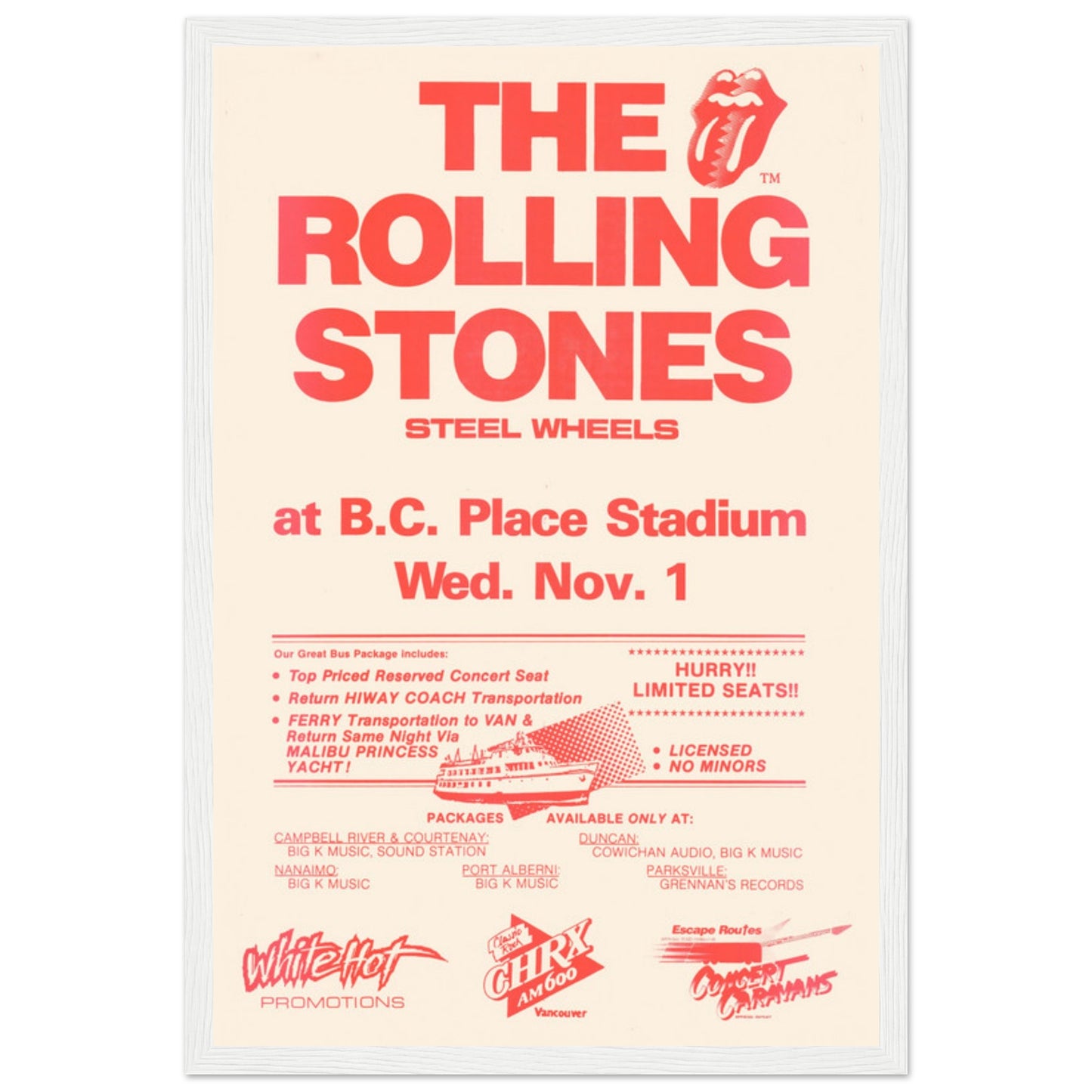 Rolling Stones vintage concert art print from 1989 Steel Wheels tour — perfect for rock fans and collectors.