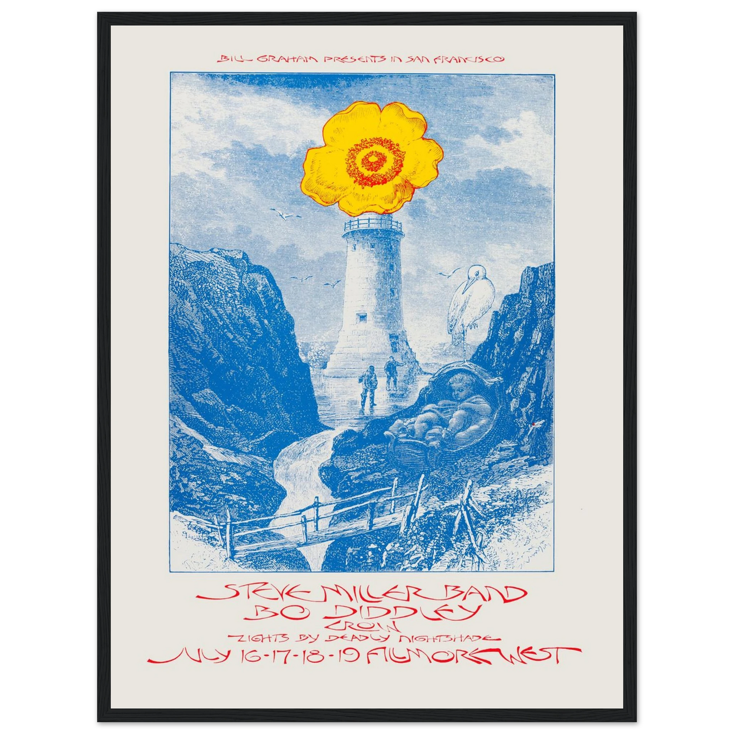 Vintage concert poster featuring the Steve Miller Band and Bo Diddley, designed with surreal 1970s psychedelic imagery and bold counterculture art.