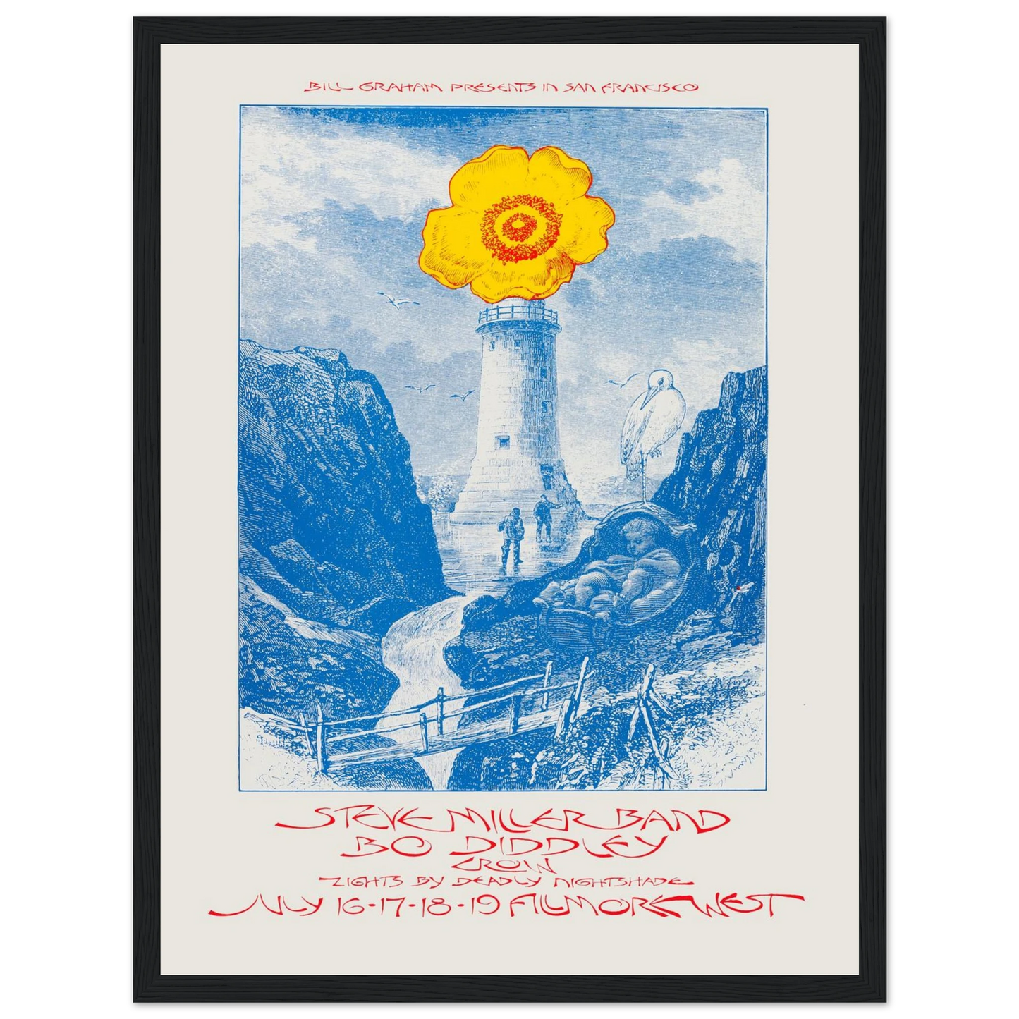 Own a striking piece of rock history with this vintage concert poster featuring the Steve Miller Band and Bo Diddley. Originally designed for a special event, this poster stands out with its surreal imagery—a nuclear power plant topped with a single flower, blending themes of energy, peace, and counterculture. The bold graphic style and psychedelic undertones reflect the spirit of the era, making it more than just memorabilia—it's a statement piece. Printed on high-quality stock and ideal for framing, this