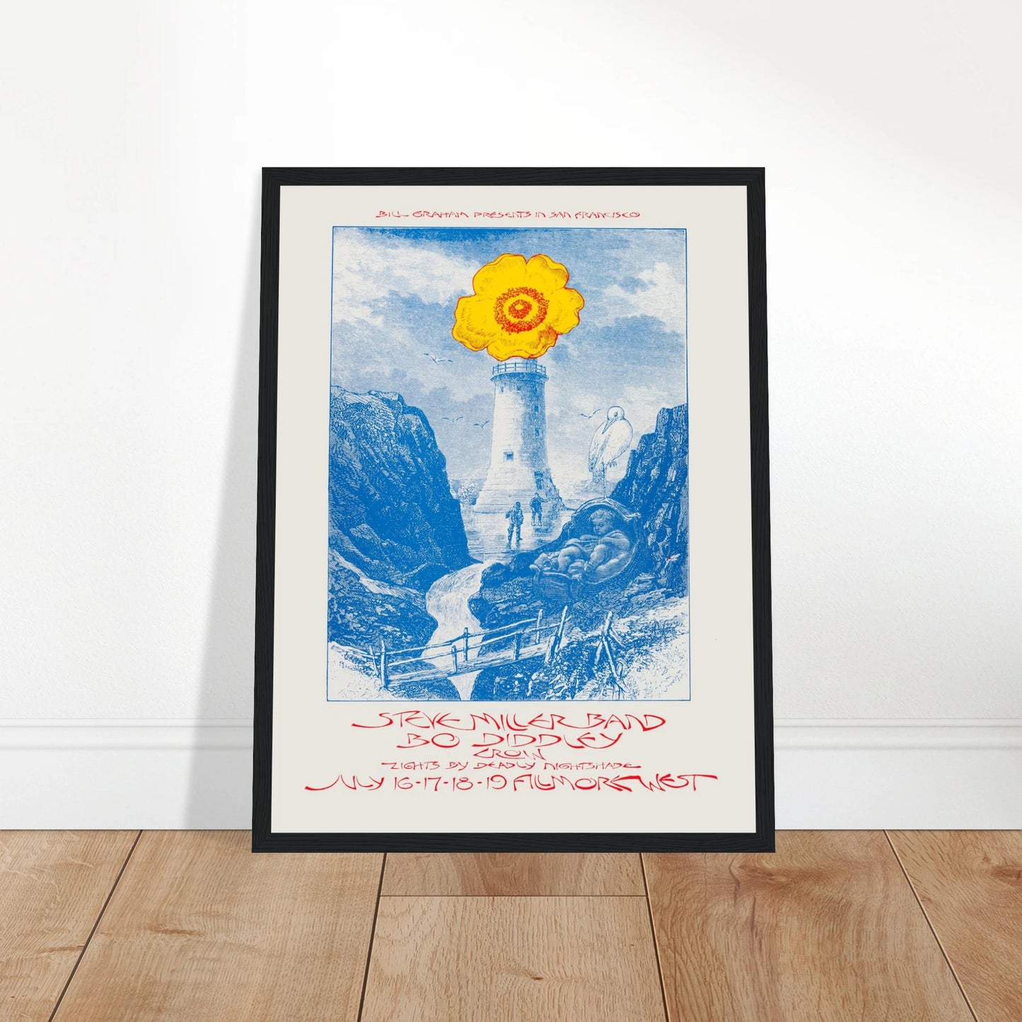 Own a striking piece of rock history with this vintage concert poster featuring the Steve Miller Band and Bo Diddley. Originally designed for a special event, this poster stands out with its surreal imagery—a nuclear power plant topped with a single flower, blending themes of energy, peace, and counterculture. The bold graphic style and psychedelic undertones reflect the spirit of the era, making it more than just memorabilia—it's a statement piece. Printed on high-quality stock and ideal for framing, this