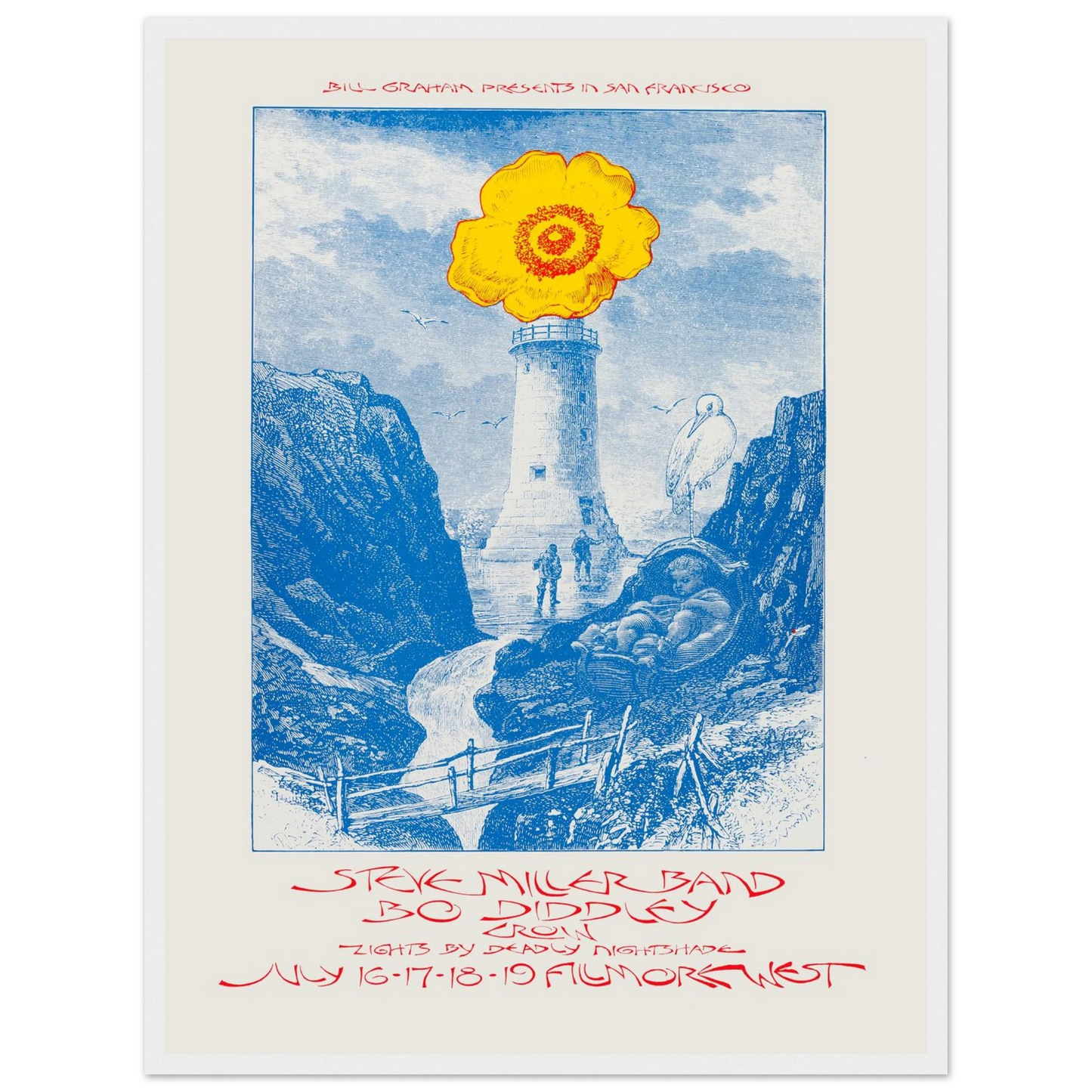 Music art print of the Steve Miller Band & Bo Diddley show poster, a striking fusion of psychedelic rock visuals and vintage concert style.
