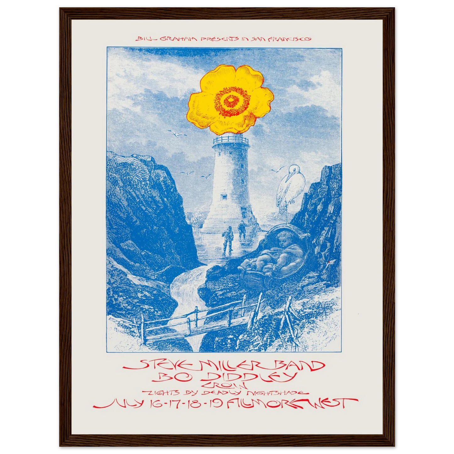 Psychedelic wall art print of the Steve Miller Band and Bo Diddley concert poster, blending peace, energy, and 70s rock design aesthetics.
