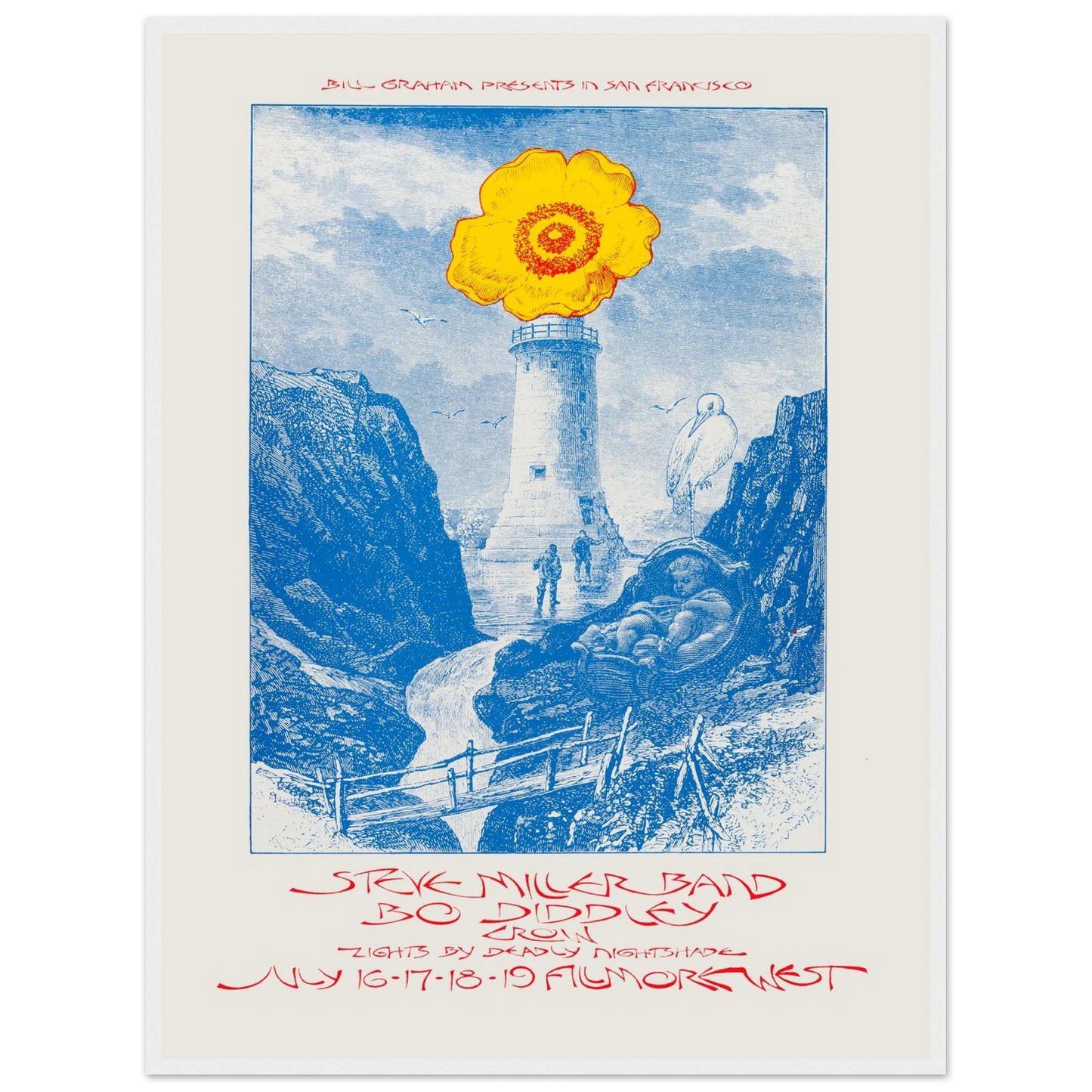 Vintage rock poster for the Steve Miller Band and Bo Diddley, featuring bold color contrasts and surreal nuclear flower imagery.