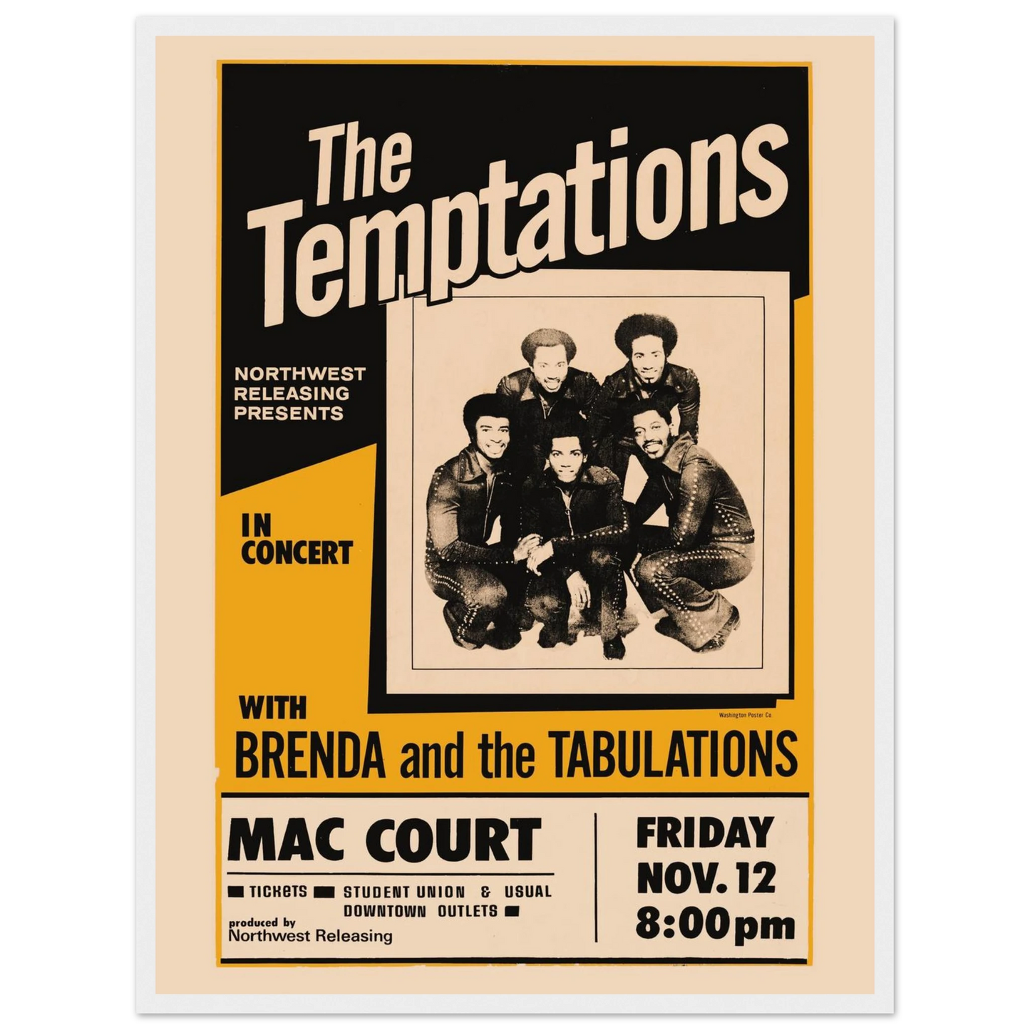 Motown soul poster featuring The Temptations, honoring their legendary sound and classic hits from the 1960s and 70s.