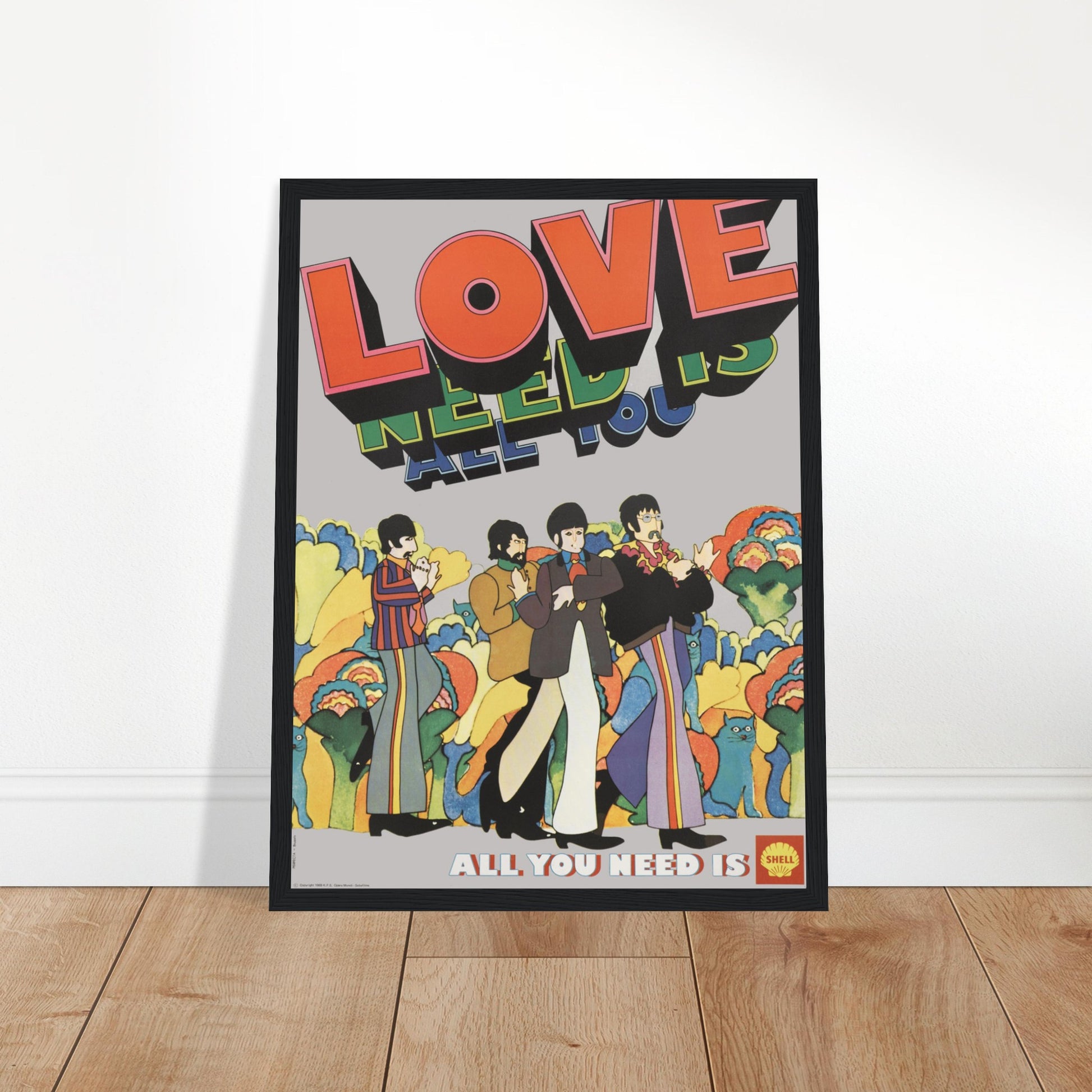 Vintage The Beatles “All You Need Is Love” poster featuring colorful psychedelic art and 1960s pop design style.