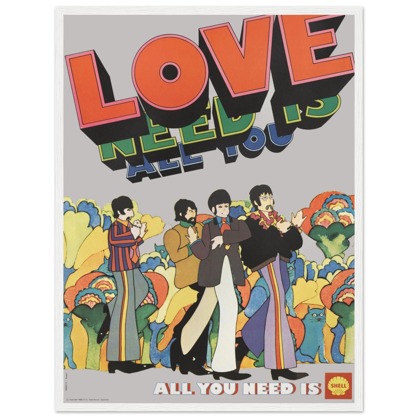 Pop Art style Beatles poster print featuring cartoon band members and bright psychedelic colors — 1960s inspired design.