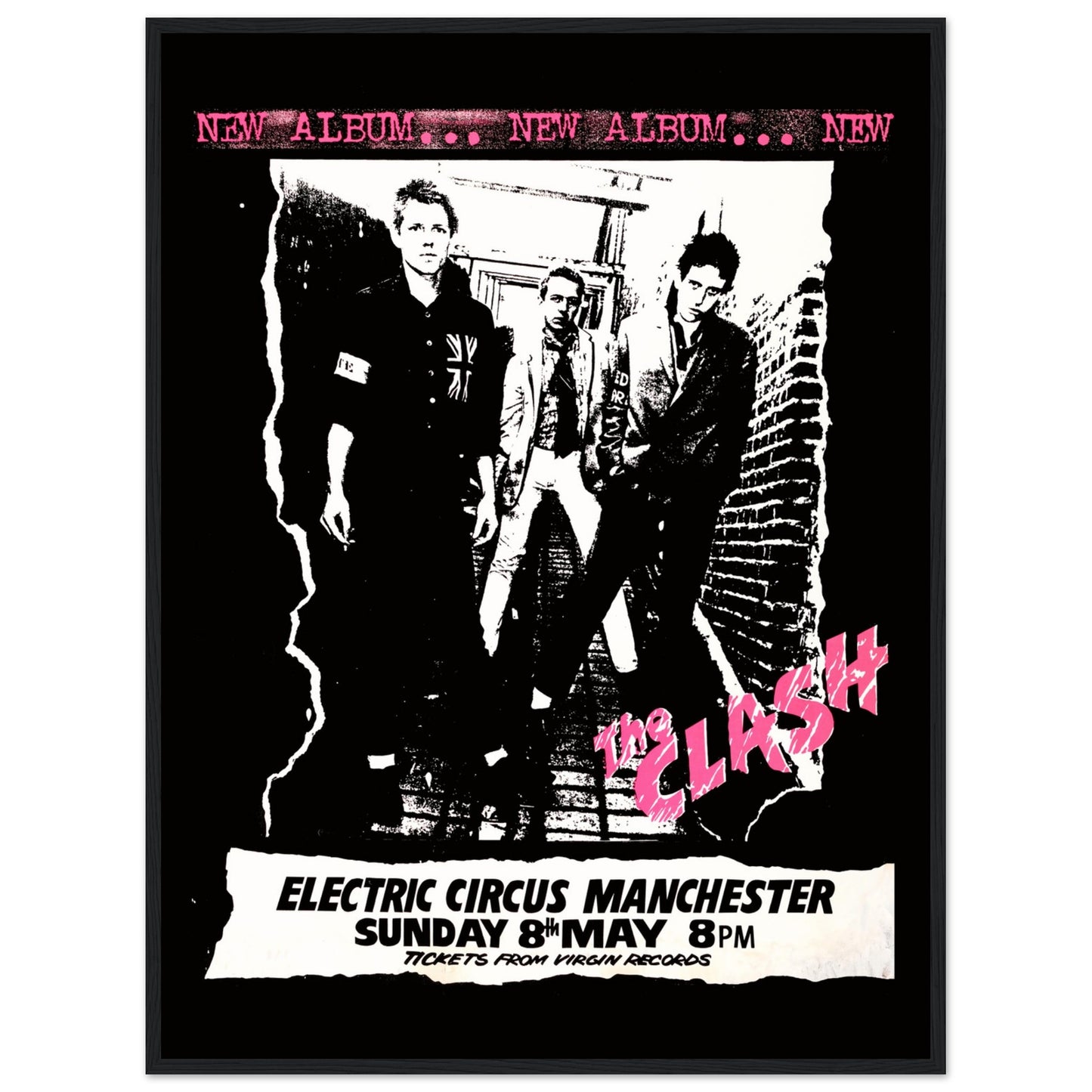 Punk rock vintage poster of The Clash with black-and-white band photo and pink text — iconic 1970s British concert art.