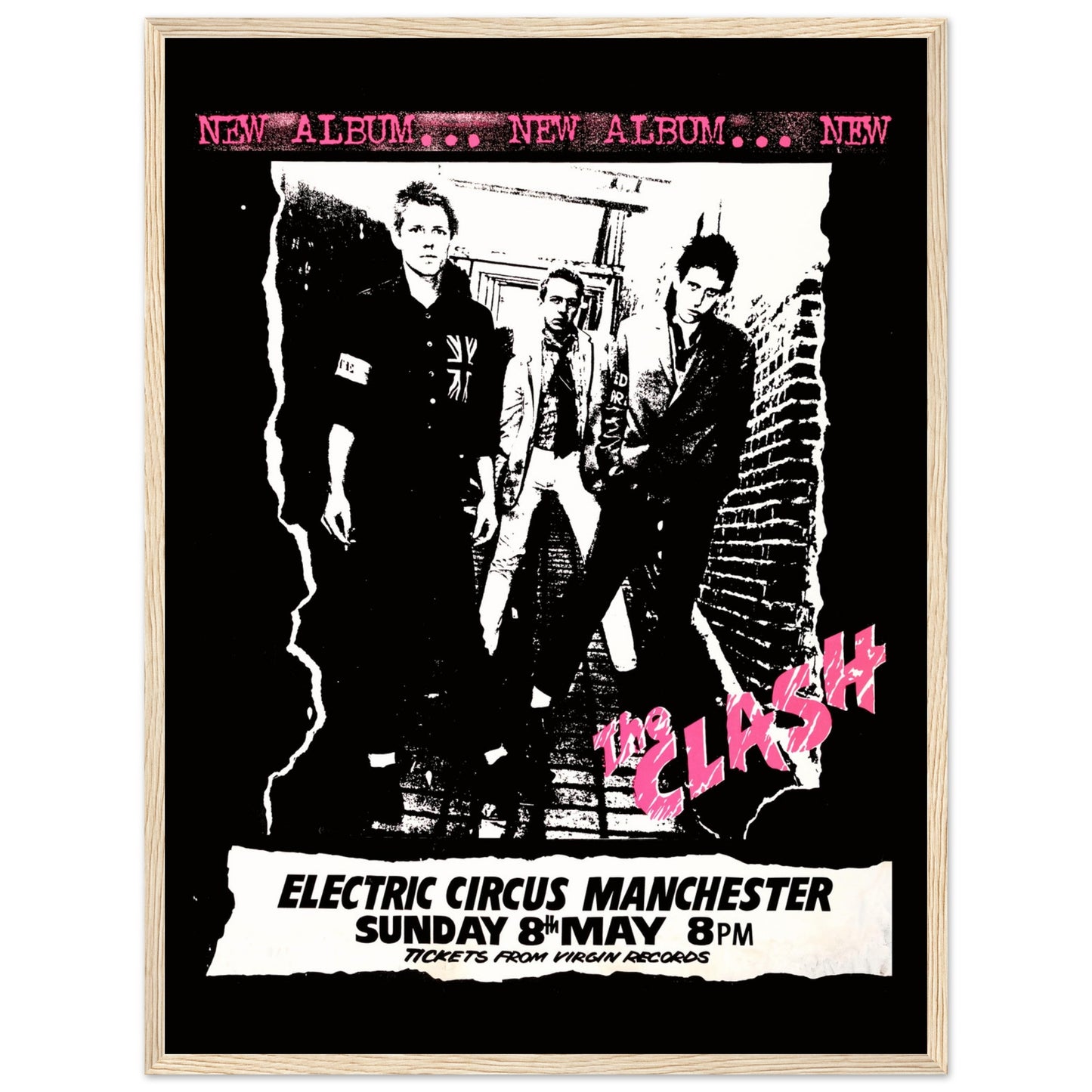 Vintage wall art poster of The Clash punk band, designed in raw black-and-white style with pink retro lettering.