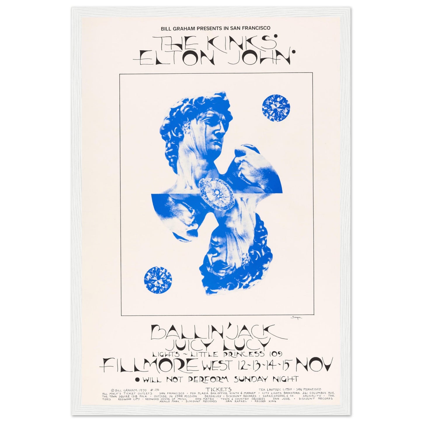 Unique The Kinks concert poster featuring a Michelangelo-inspired “Dad” design — retro rock art for collectors.