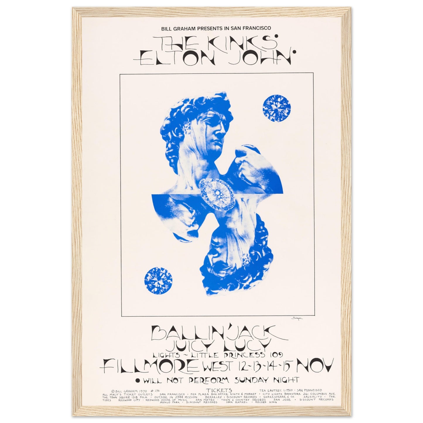 Retro music art print of The Kinks concert, blending classic rock style with creative Michelangelo-inspired imagery.