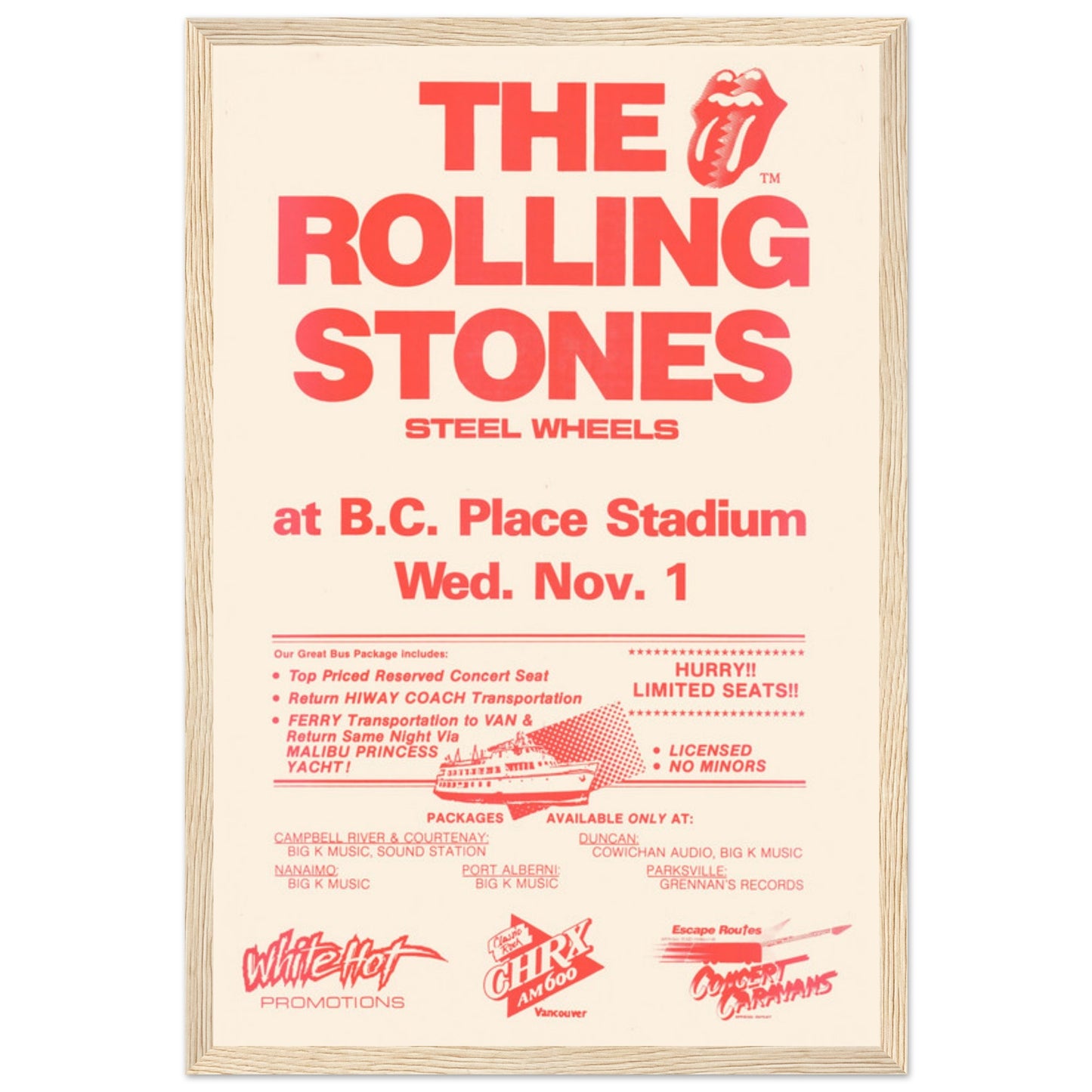 The Rolling Stones tour poster for Steel Wheels concert at B.C. Place Stadium, featuring bold red text and iconic tongue logo.