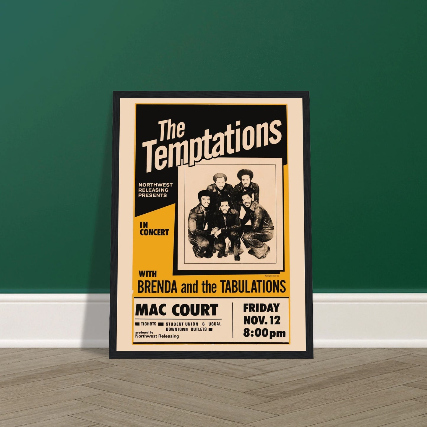 Step back into the golden era of Motown soul with this stunning Temptations concert poster. Featuring bold retro graphics and timeless style, this vintage-inspired print pays tribute to one of the most iconic vocal groups in music history. Known for hits like My Girl, Ain’t Too Proud to Beg, and Papa Was a Rollin’ Stone, The Temptations helped define American R&B, soul, and pop. Whether you're a collector of vintage concert posters, a fan of 1960s-70s soul music, or looking to add rhythm and nostalgia to yo