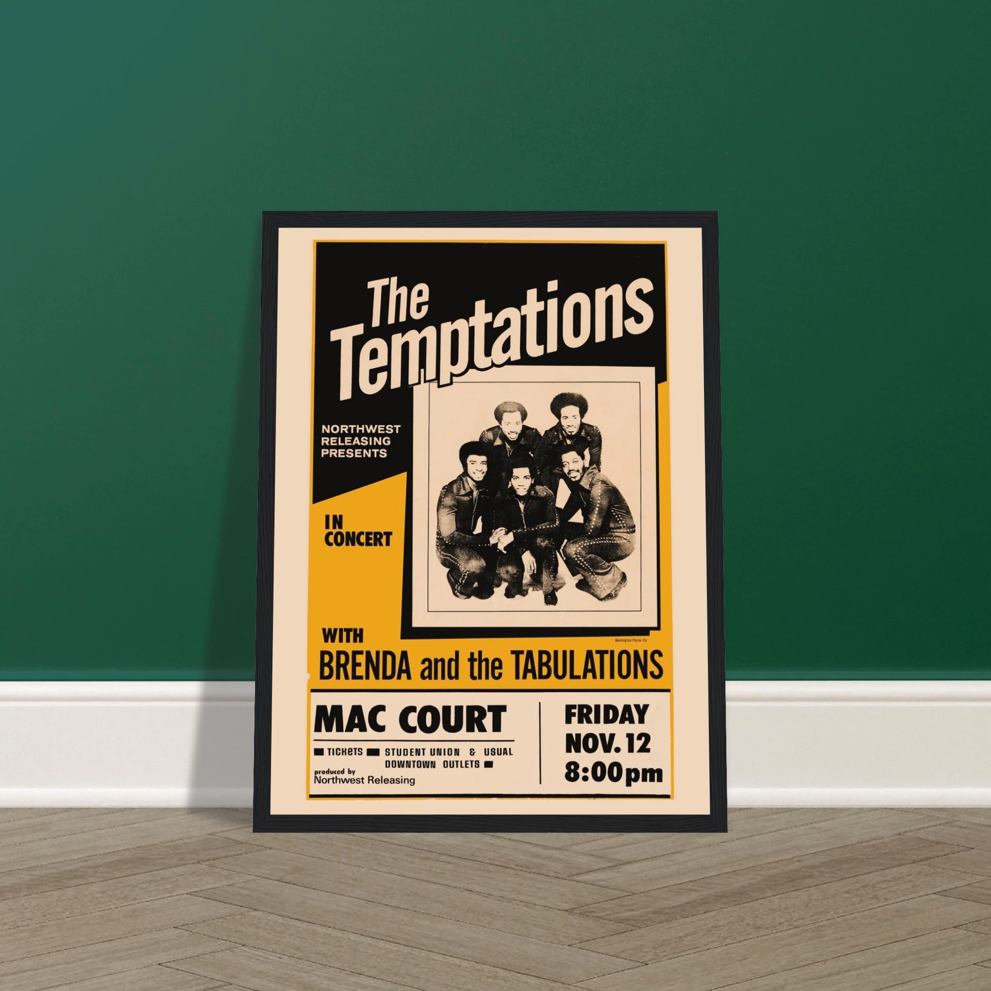 Step back into the golden era of Motown soul with this stunning Temptations concert poster. Featuring bold retro graphics and timeless style, this vintage-inspired print pays tribute to one of the most iconic vocal groups in music history. Known for hits like My Girl, Ain’t Too Proud to Beg, and Papa Was a Rollin’ Stone, The Temptations helped define American R&B, soul, and pop. Whether you're a collector of vintage concert posters, a fan of 1960s-70s soul music, or looking to add rhythm and nostalgia to yo