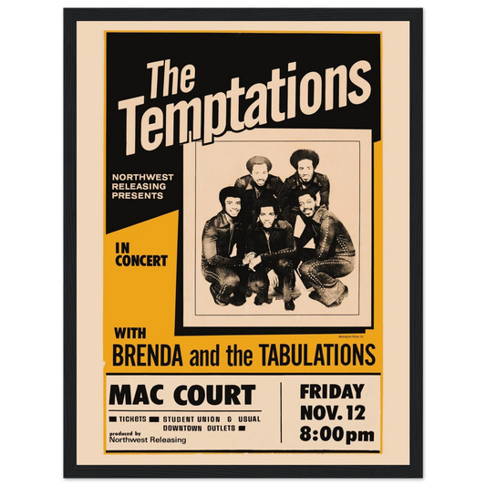 Step back into the golden era of Motown soul with this stunning Temptations concert poster. Featuring bold retro graphics and timeless style, this vintage-inspired print pays tribute to one of the most iconic vocal groups in music history. Known for hits like My Girl, Ain’t Too Proud to Beg, and Papa Was a Rollin’ Stone, The Temptations helped define American R&B, soul, and pop. Whether you're a collector of vintage concert posters, a fan of 1960s-70s soul music, or looking to add rhythm and nostalgia to yo