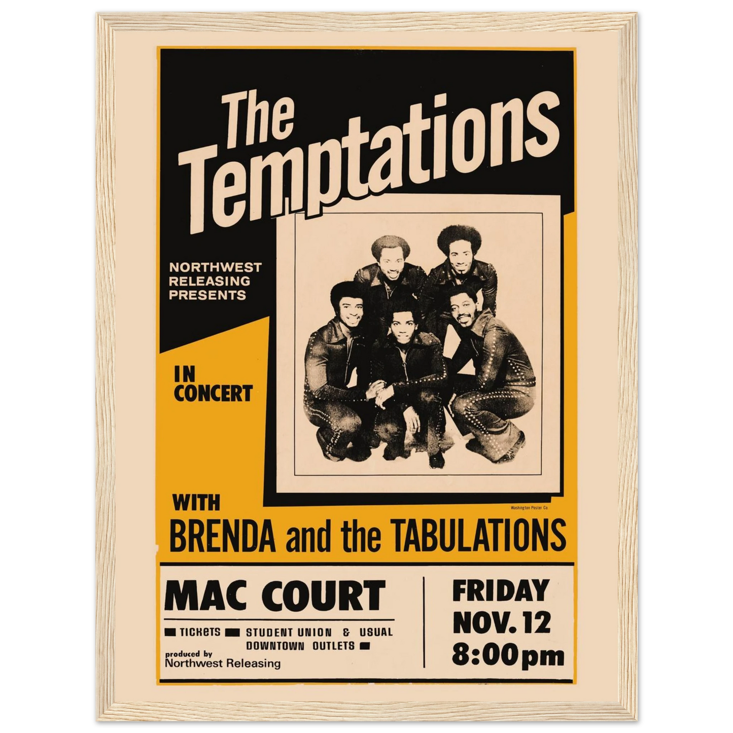 Retro wall art print of The Temptations, a high-quality reproduction that celebrates classic soul, harmony, and vintage concert design.