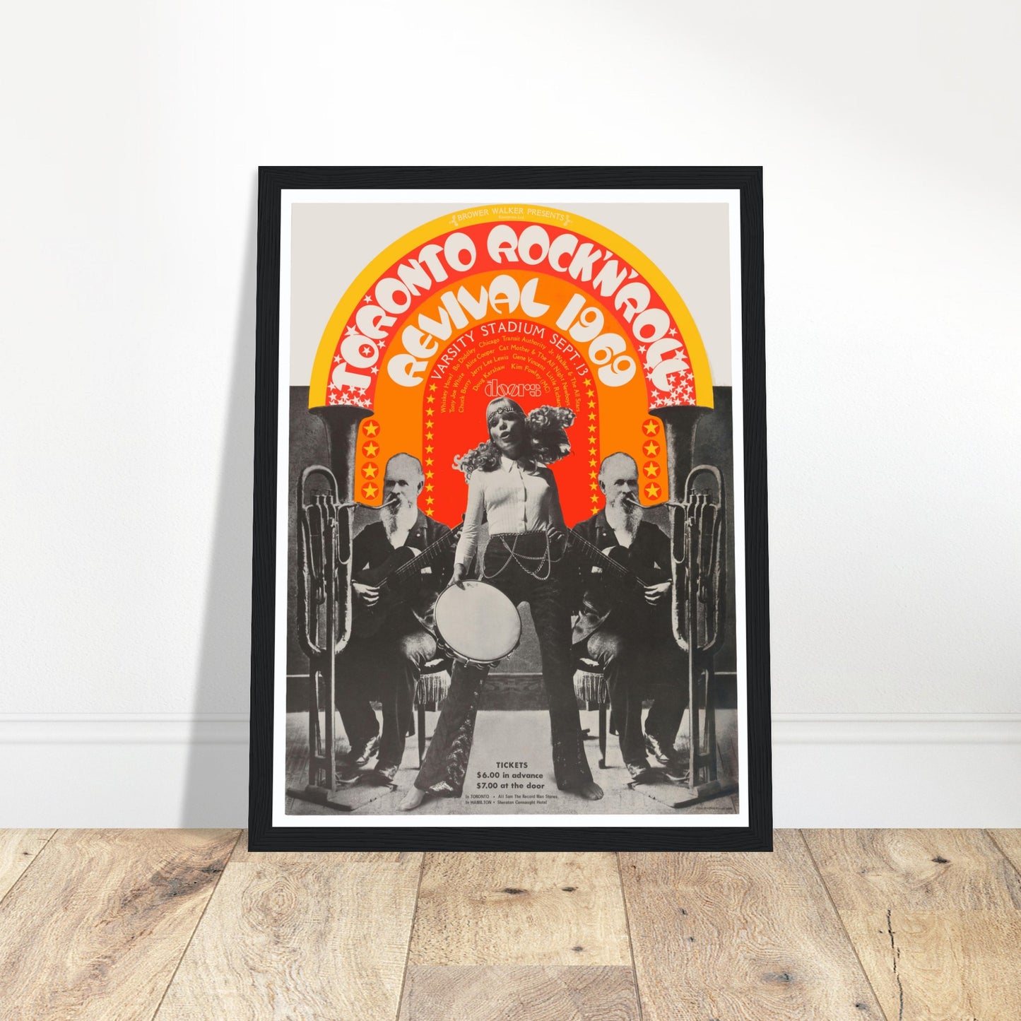 Step back into 1969 rock history with this legendary Toronto Rock 'n' Roll Revival poster. Held at Varsity Stadium at the University of Toronto, this iconic festival featured over 20,000 fans and unforgettable performances by The Doors, Chuck Berry, Jerry Lee Lewis, Alice Cooper, Little Richard, and many more. Other legendary artists included Bo Diddley, Junior Walker and the All Stars, Gene Vincent, and Cat Mother & the All Night News Boys. Hosted by Kim Fowley, this 1969 rock festival poster is a must-hav