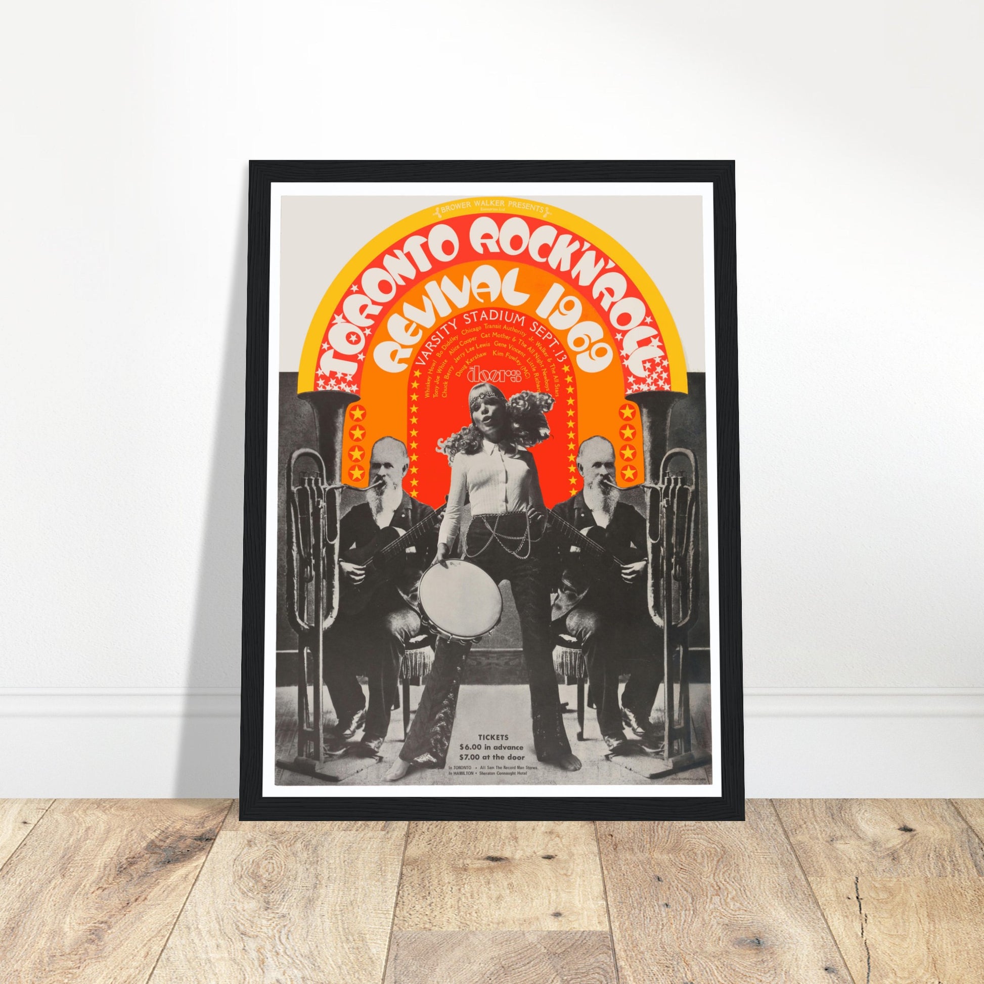 Step back into 1969 rock history with this legendary Toronto Rock 'n' Roll Revival poster. Held at Varsity Stadium at the University of Toronto, this iconic festival featured over 20,000 fans and unforgettable performances by The Doors, Chuck Berry, Jerry Lee Lewis, Alice Cooper, Little Richard, and many more. Other legendary artists included Bo Diddley, Junior Walker and the All Stars, Gene Vincent, and Cat Mother & the All Night News Boys. Hosted by Kim Fowley, this 1969 rock festival poster is a must-hav