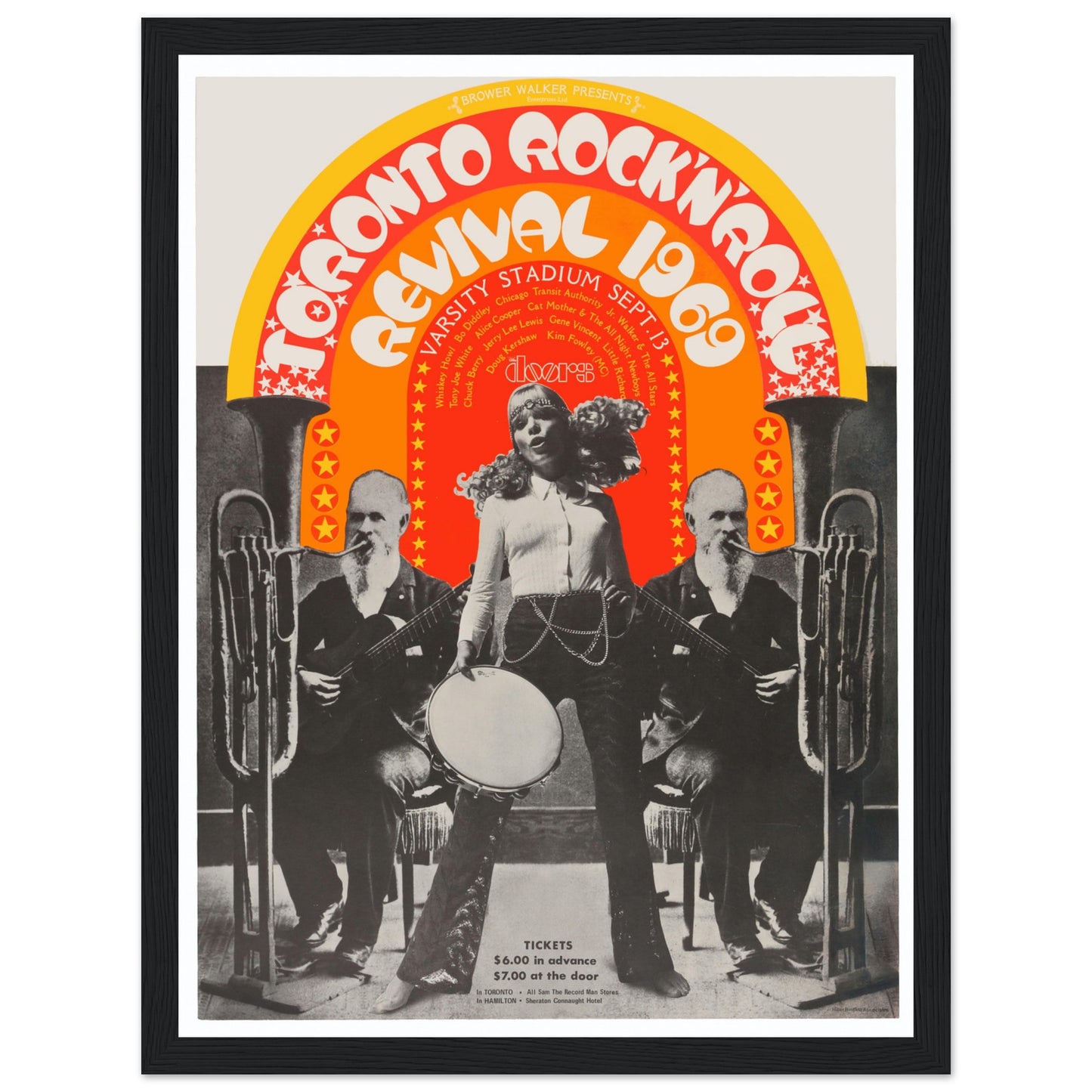 Step back into 1969 rock history with this legendary Toronto Rock 'n' Roll Revival poster. Held at Varsity Stadium at the University of Toronto, this iconic festival featured over 20,000 fans and unforgettable performances by The Doors, Chuck Berry, Jerry Lee Lewis, Alice Cooper, Little Richard, and many more. Other legendary artists included Bo Diddley, Junior Walker and the All Stars, Gene Vincent, and Cat Mother & the All Night News Boys. Hosted by Kim Fowley, this 1969 rock festival poster is a must-hav