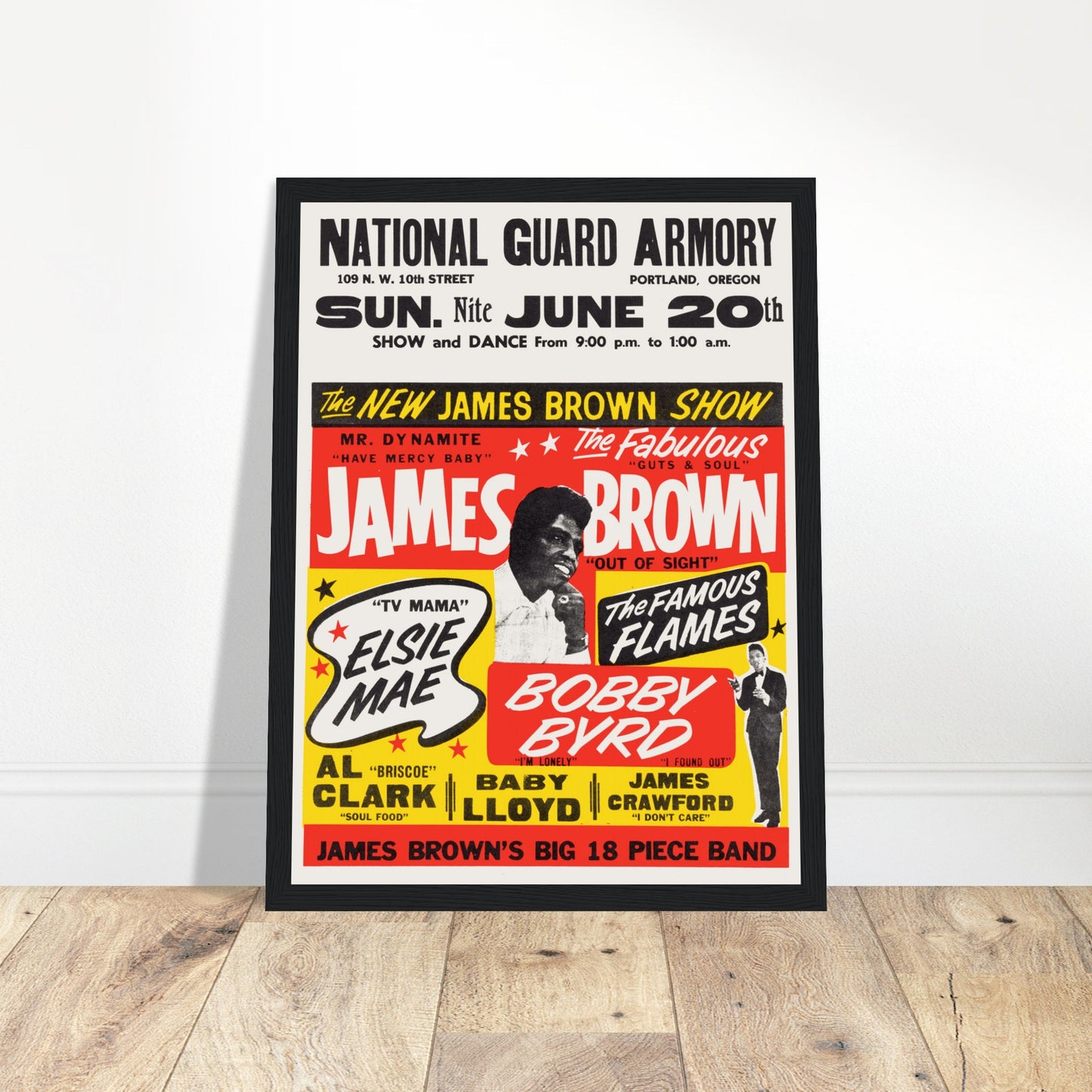 Celebrate the iconic James Brown with this 1965 concert poster, showcasing the Godfather of Soul in his prime. Featuring retro design, vibrant colors, and a tribute to the king of soul, funk, and R&B, this poster is a must-have for music lovers, collectors of vintage concert posters, and fans of James Brown’s unforgettable live performances. Perfect for home decor, music rooms, or studios, this 1965 James Brown poster brings the soul and energy of live music to any space. Order now and own a piece of music