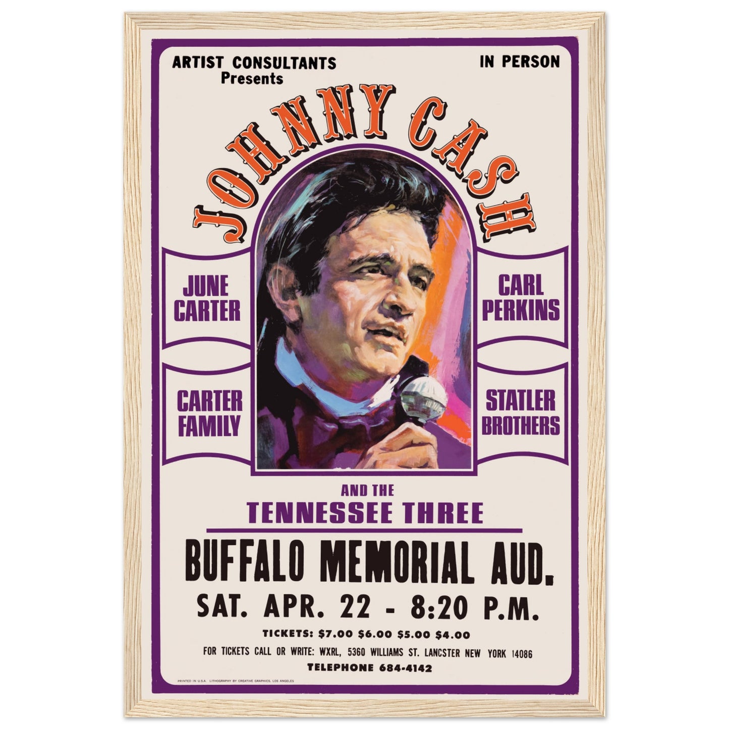 Vintage Johnny Cash wall art poster celebrating his legendary Buffalo performance and timeless outlaw country style.