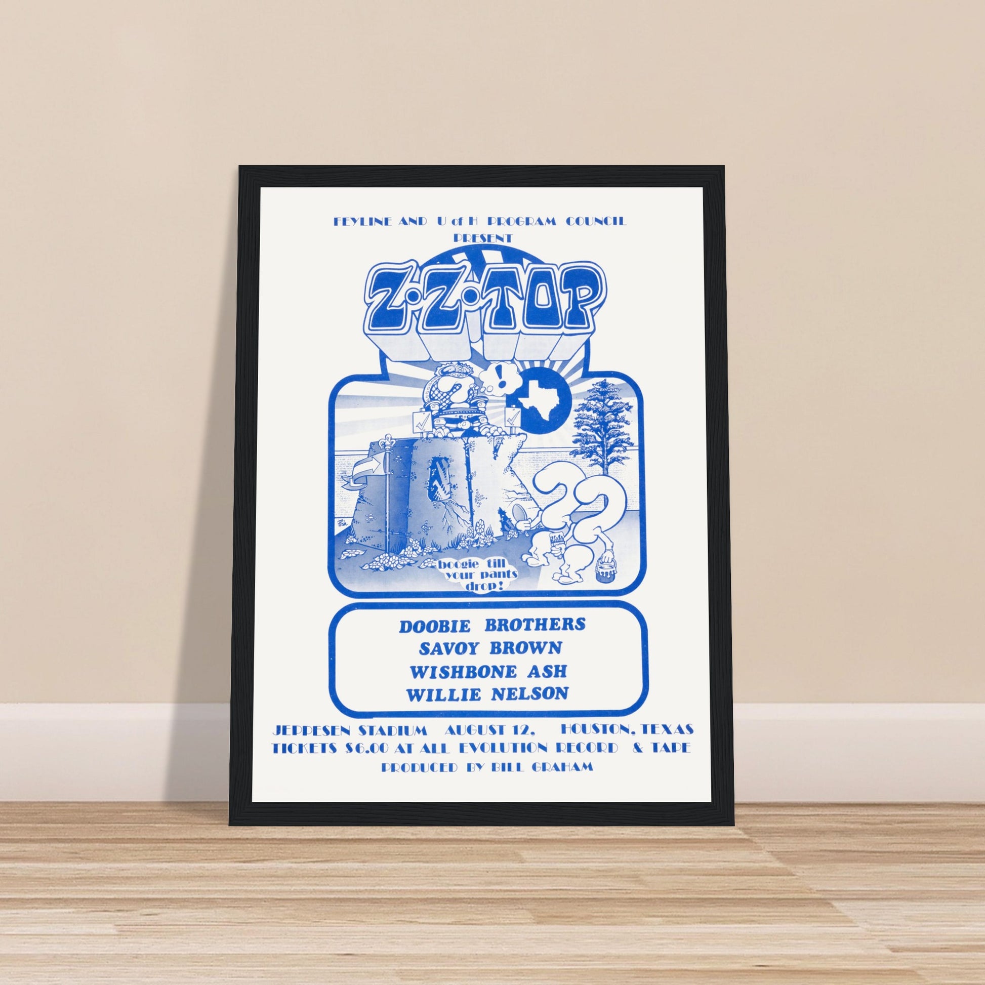 Celebrate an unforgettable night of classic rock with this ZZ Top concert poster, featuring an all-star lineup of legendary artists including Doobie Brothers, Savoy Brown, Wishbone Ash, and Willie Nelson. This vintage concert poster captures the essence of the golden era of rock music, making it a must-have for classic rock fans, music collectors, and those who appreciate legendary live performances. Whether displayed in your music room, home bar, or living room, this ZZ Top concert poster adds a timeless r