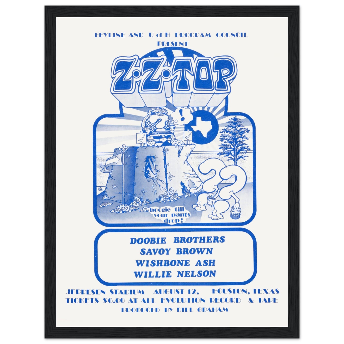 Celebrate an unforgettable night of classic rock with this ZZ Top concert poster, featuring an all-star lineup of legendary artists including Doobie Brothers, Savoy Brown, Wishbone Ash, and Willie Nelson. This vintage concert poster captures the essence of the golden era of rock music, making it a must-have for classic rock fans, music collectors, and those who appreciate legendary live performances. Whether displayed in your music room, home bar, or living room, this ZZ Top concert poster adds a timeless r