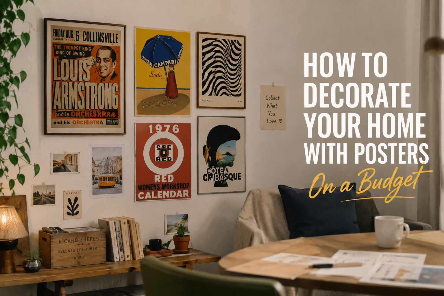 Affordable home decor with framed posters arranged on a wall