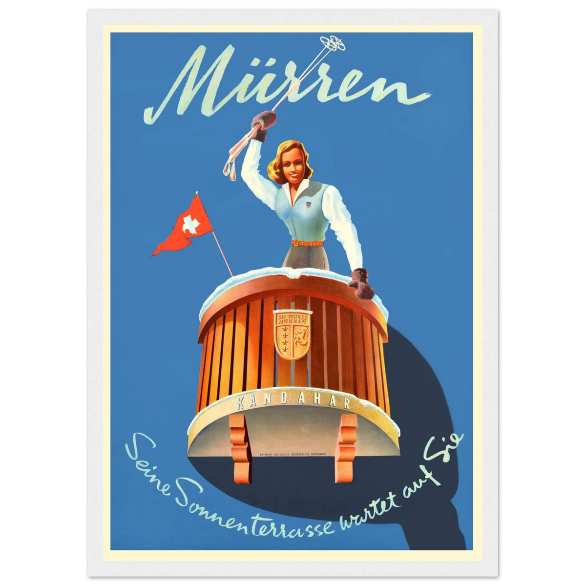 Vintage Mürren ski resort poster in blue and orange for a mountain cabin wall