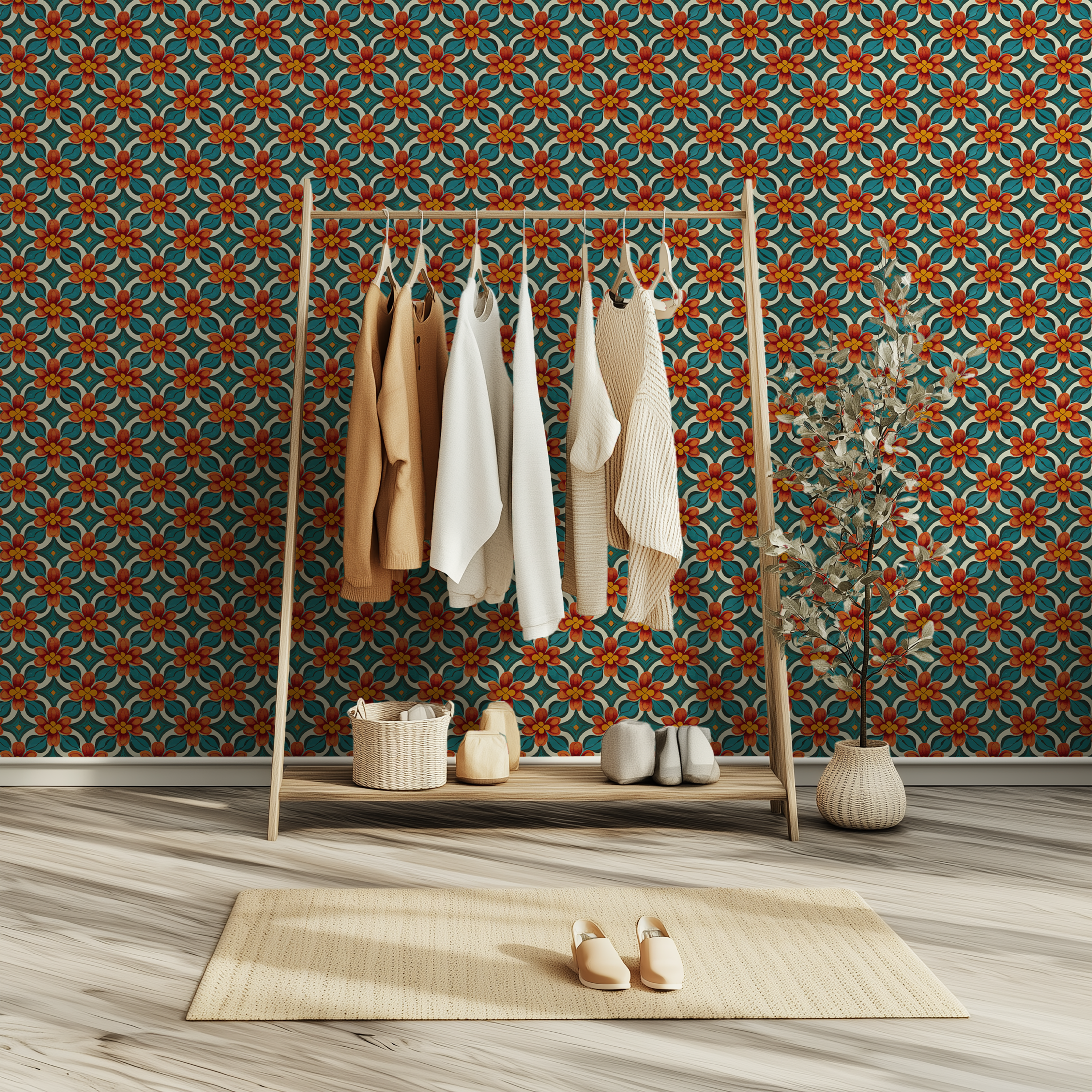 Terracotta Floral Azulejo Wallpaper